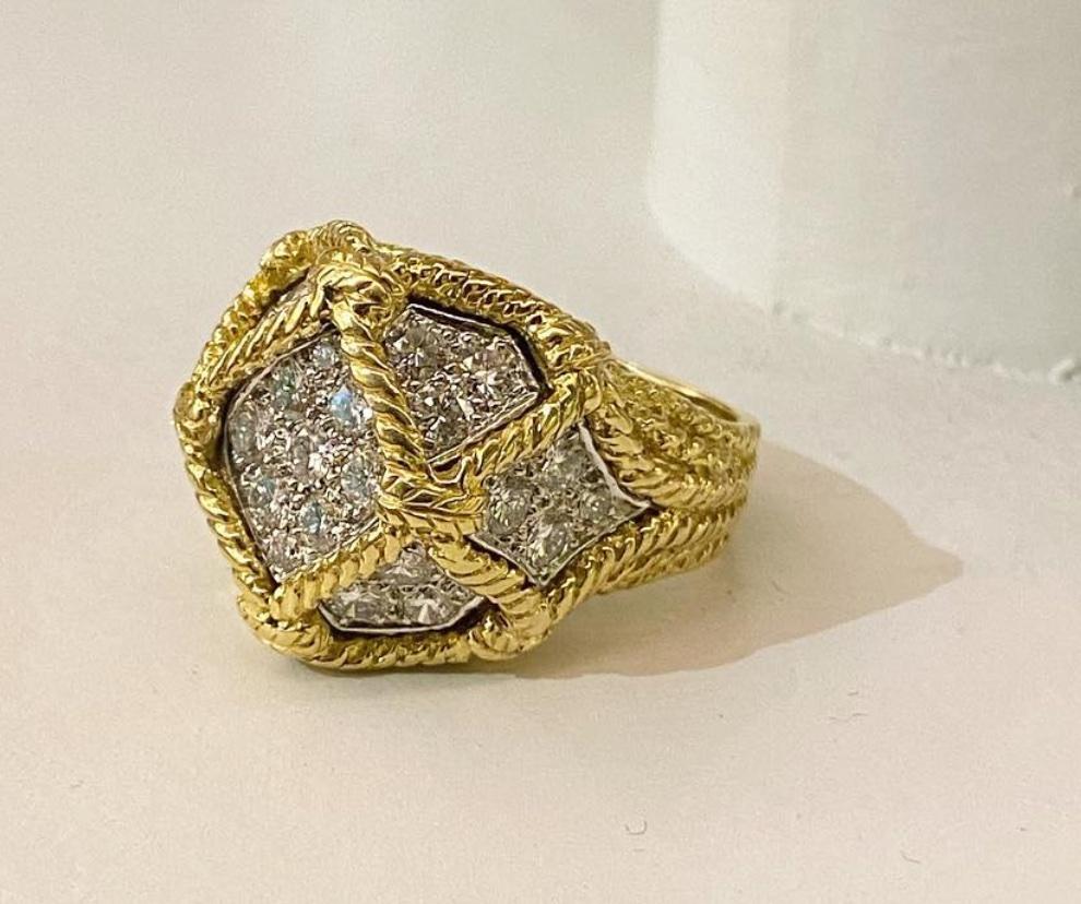 Round Cut Mid-Century Hammerman Bros. Gold and Diamond Cocktail Ring of Lattice Design For Sale