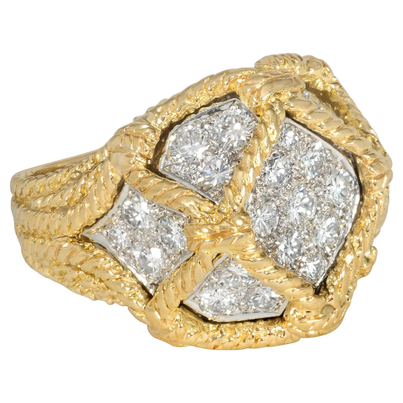 Mid-Century Hammerman Bros. Gold and Diamond Cocktail Ring of Lattice Design
