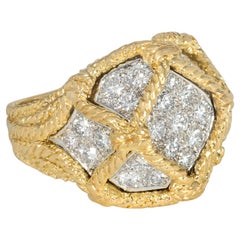 Vintage Mid-Century Hammerman Bros. Gold and Diamond Cocktail Ring of Lattice Design