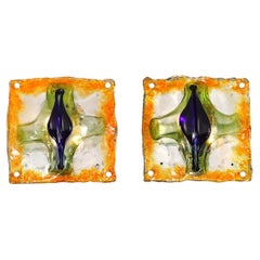 Mid-Century Hand-Blown Amber, Green & Blue Murano Glass Sconces by Mazzega