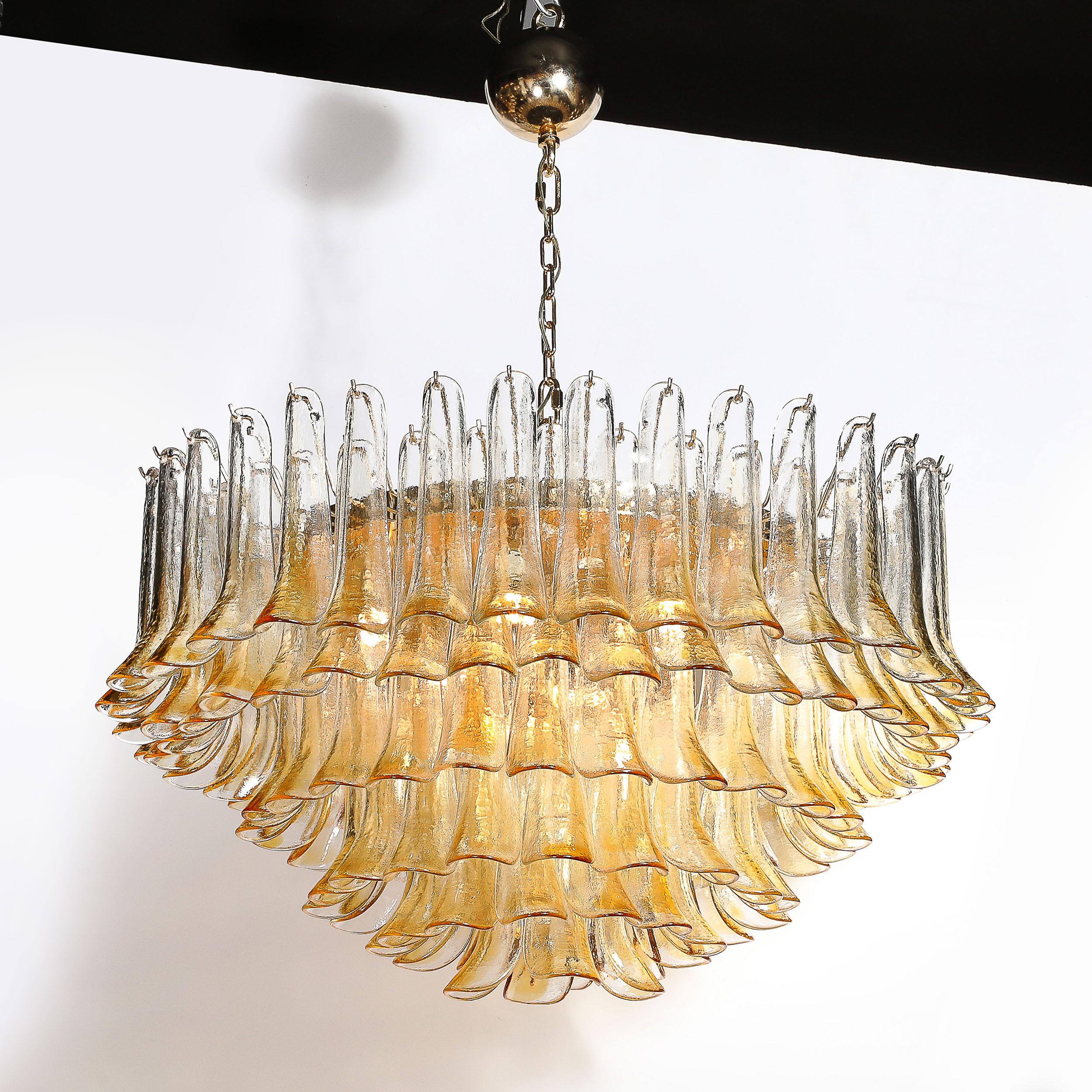 Mid-Century Hand-Blown Amber Murano Glass & Brass Feather Chandelier by Mazzega For Sale 4