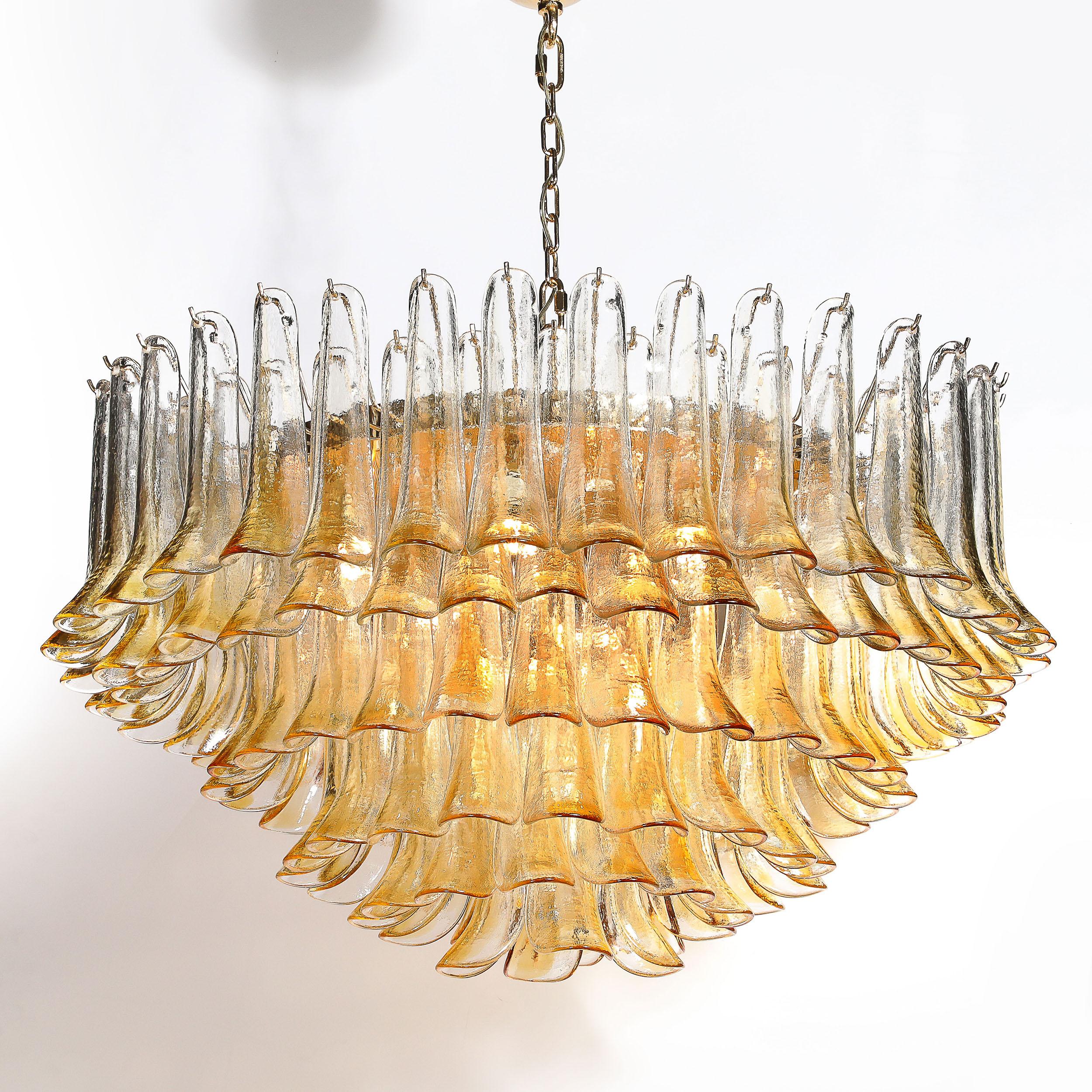 Mid-Century Hand-Blown Amber Murano Glass & Brass Feather Chandelier by Mazzega For Sale 5
