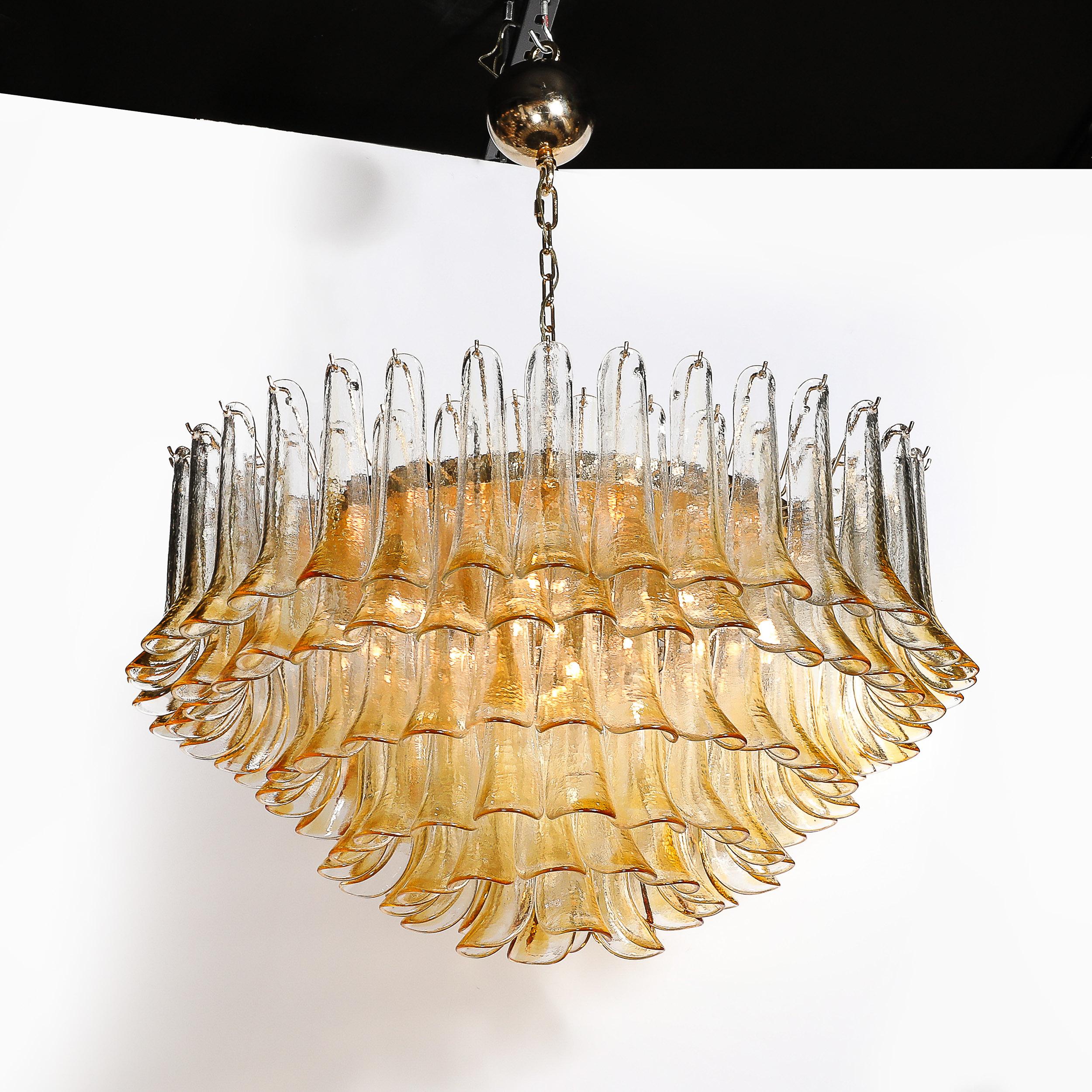 Mid-Century Hand-Blown Amber Murano Glass & Brass Feather Chandelier by Mazzega For Sale 6