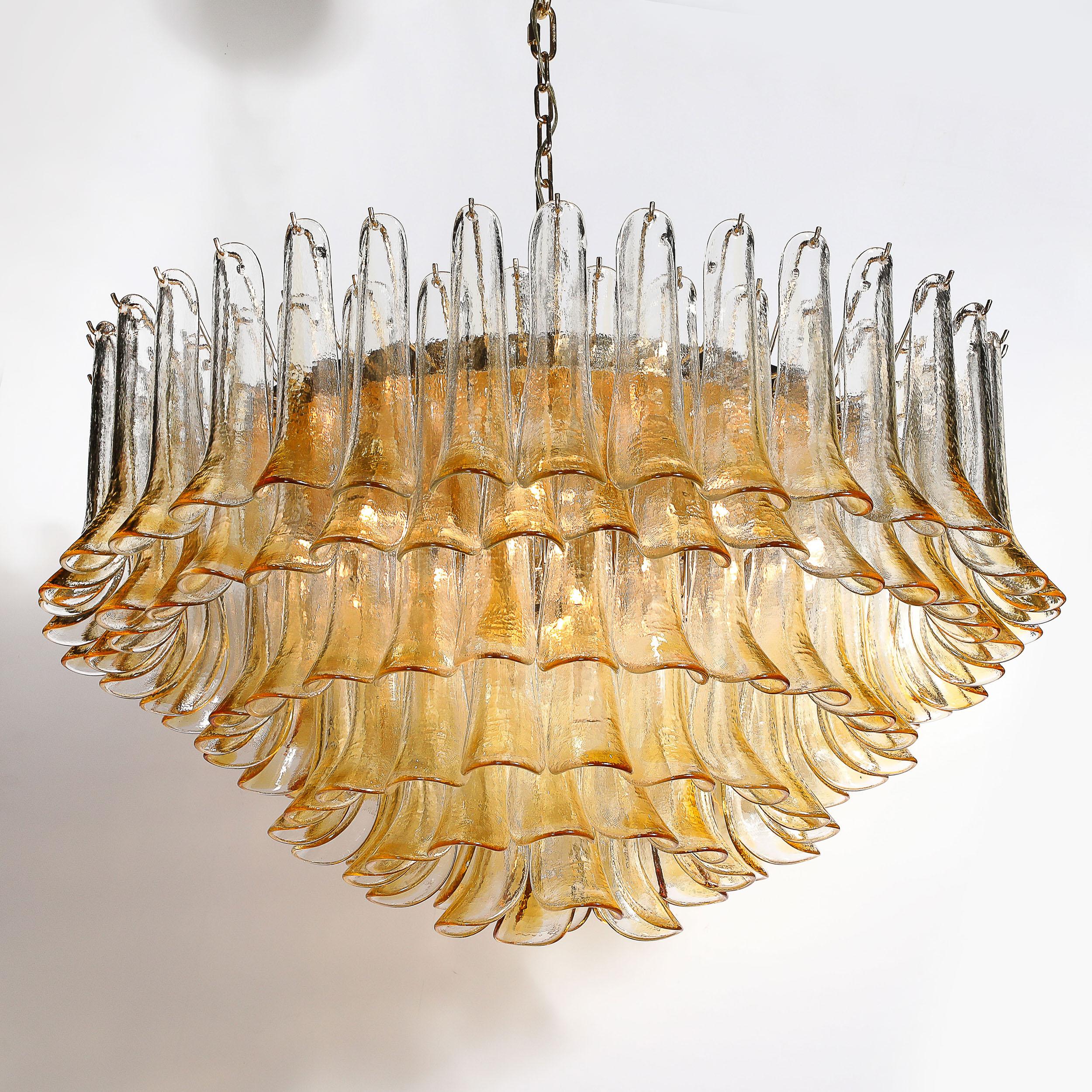 Mid-Century Hand-Blown Amber Murano Glass & Brass Feather Chandelier by Mazzega For Sale 7