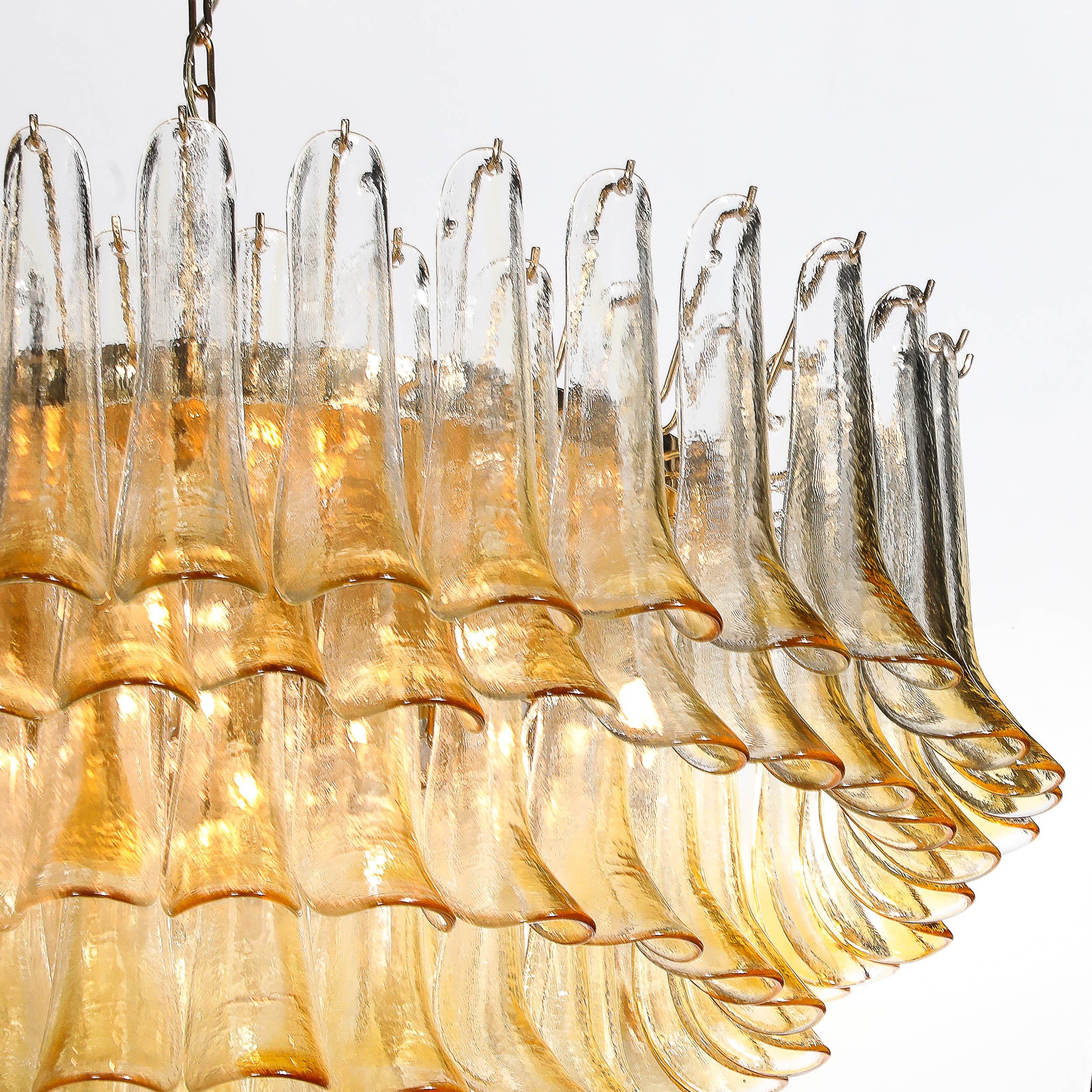 Mid-Century Hand-Blown Amber Murano Glass & Brass Feather Chandelier by Mazzega For Sale 8