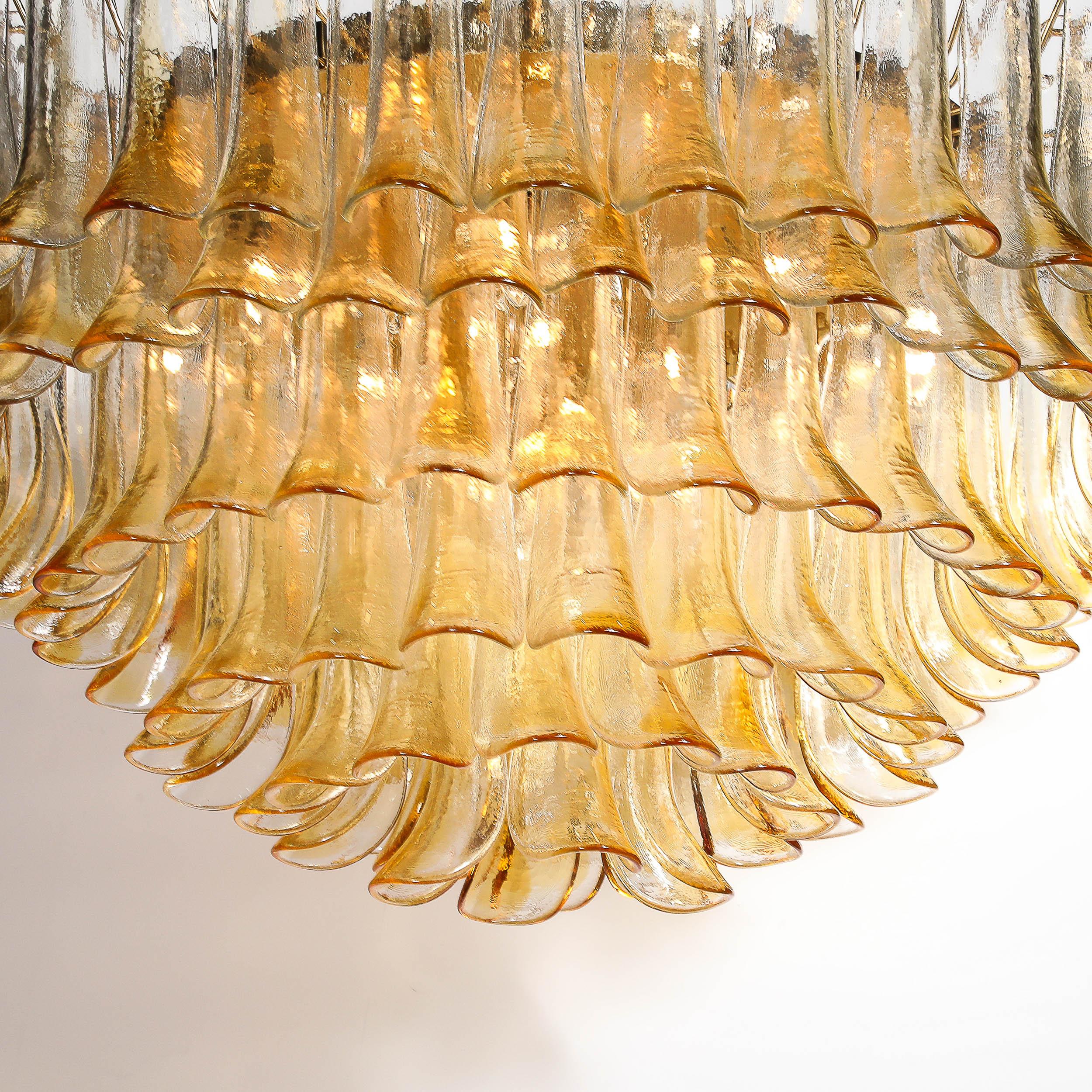 Mid-Century Hand-Blown Amber Murano Glass & Brass Feather Chandelier by Mazzega For Sale 9
