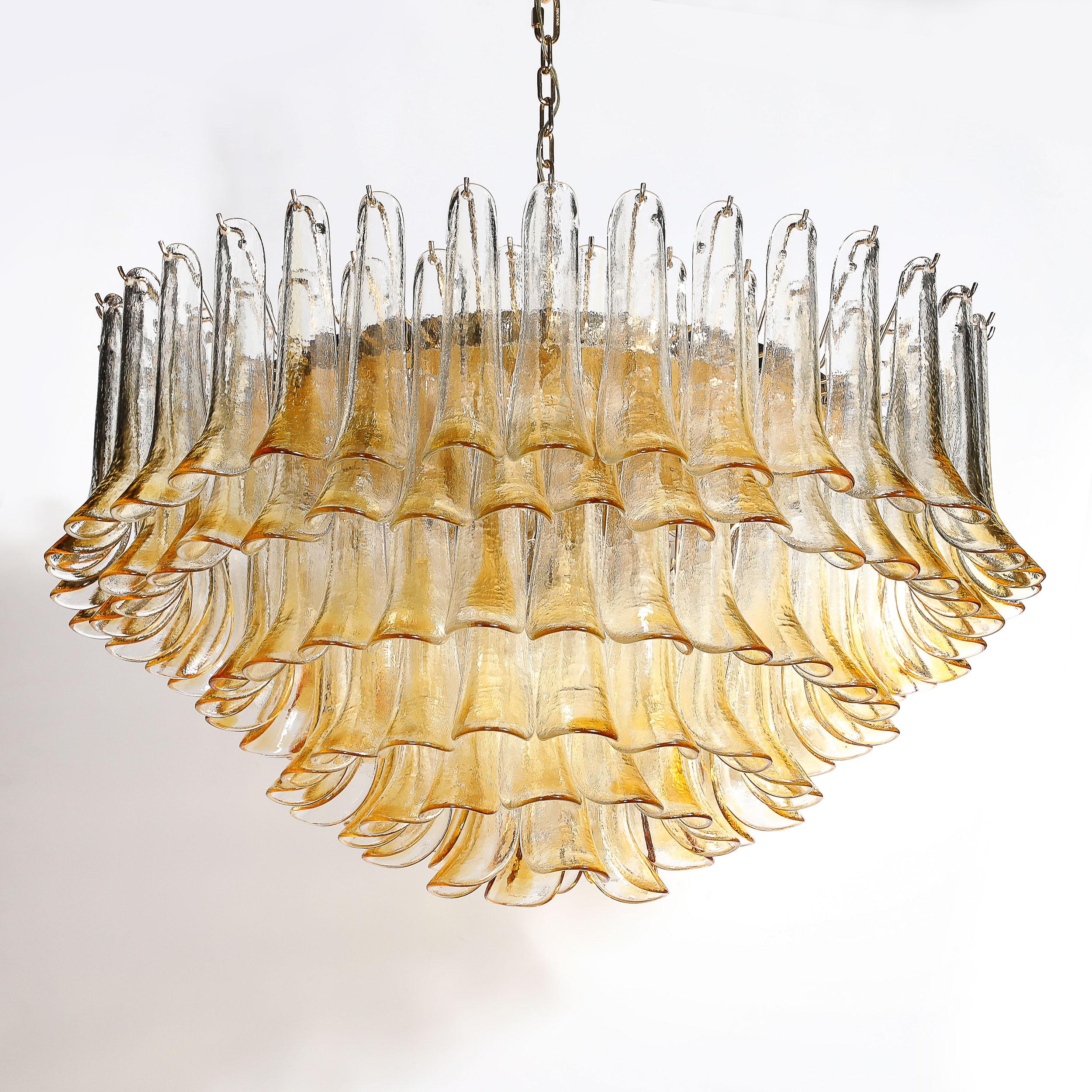 Mid-Century Hand-Blown Amber Murano Glass & Brass Feather Chandelier by Mazzega For Sale 10