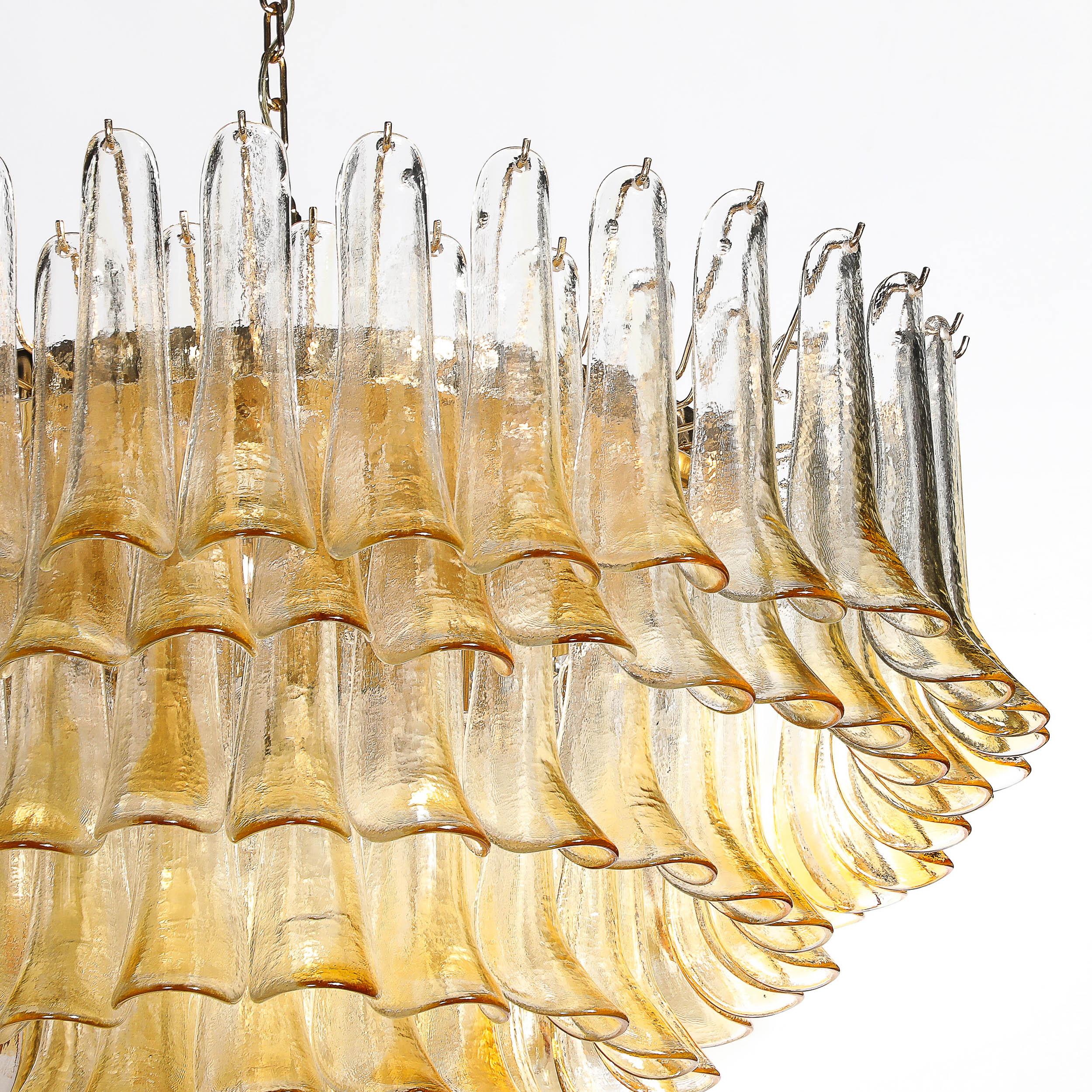 Mid-Century Hand-Blown Amber Murano Glass & Brass Feather Chandelier by Mazzega For Sale 11