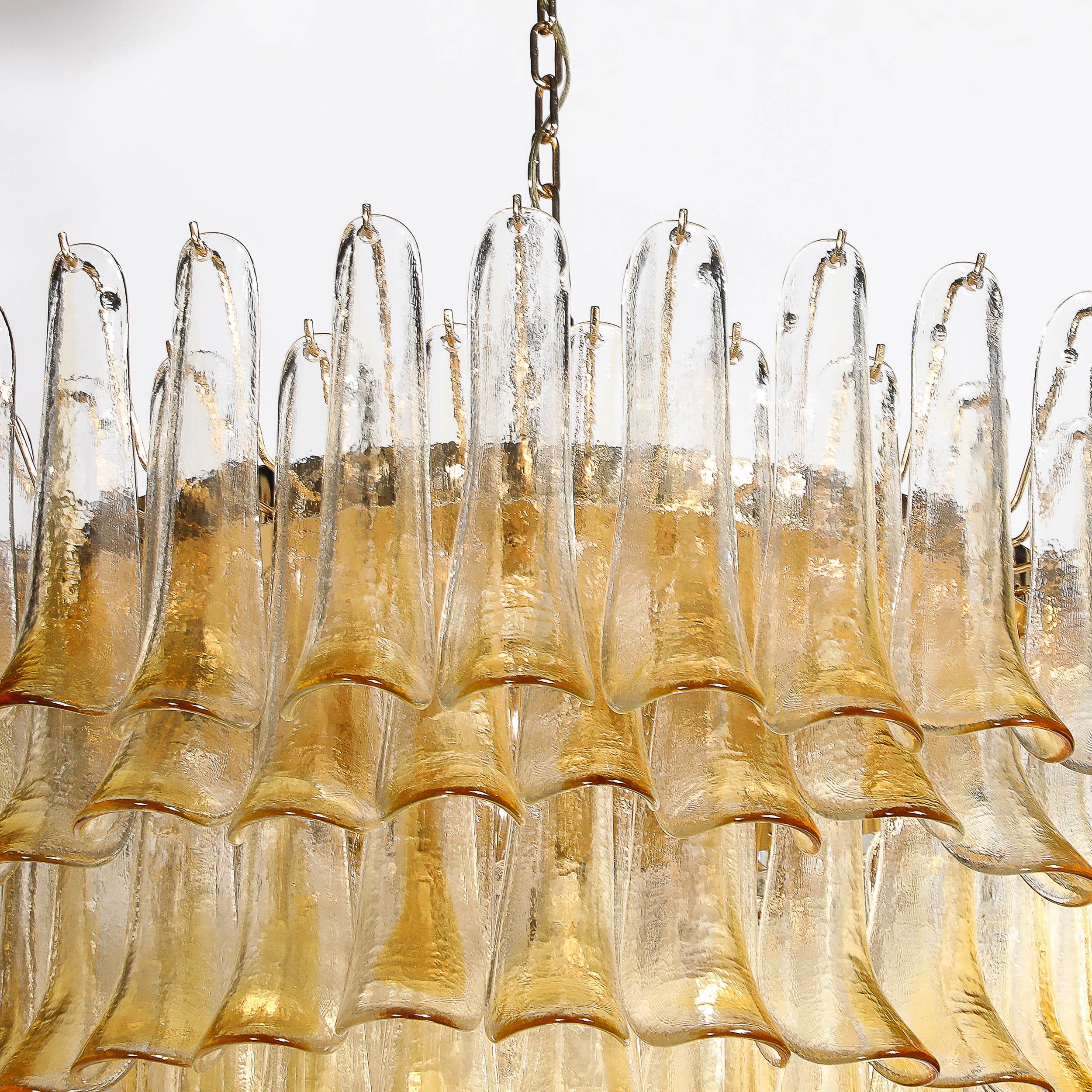 Mid-Century Hand-Blown Amber Murano Glass & Brass Feather Chandelier by Mazzega For Sale 12