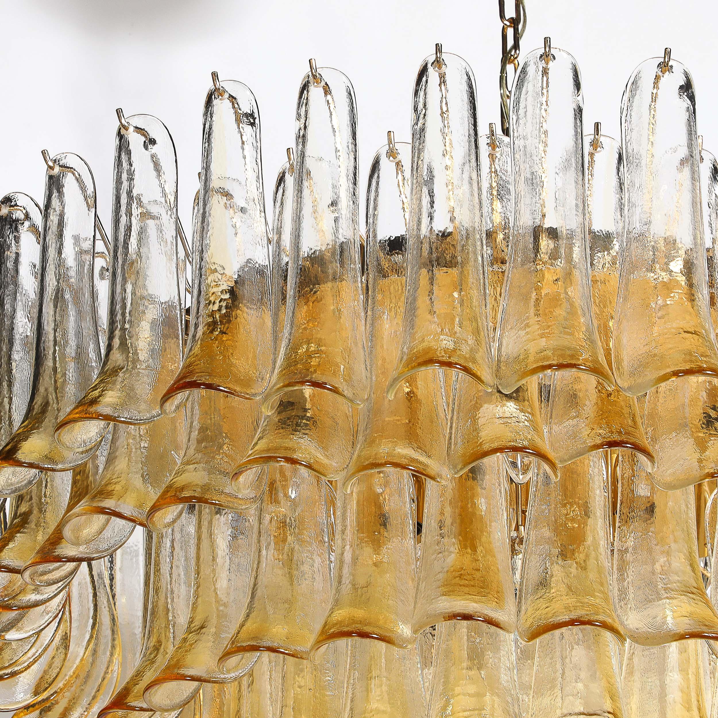 Mid-Century Hand-Blown Amber Murano Glass & Brass Feather Chandelier by Mazzega For Sale 14