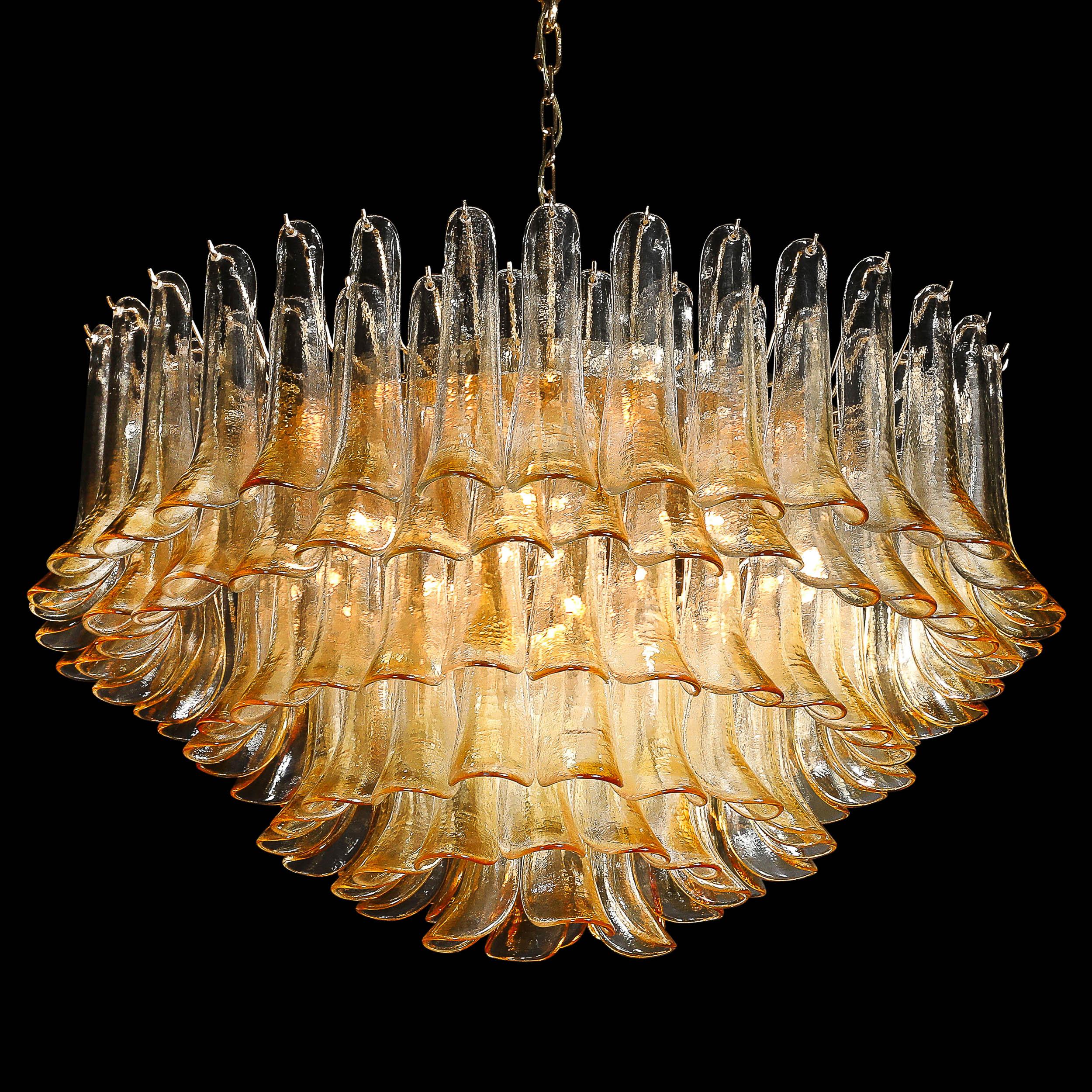Mid-Century Modern Mid-Century Hand-Blown Amber Murano Glass & Brass Feather Chandelier by Mazzega For Sale