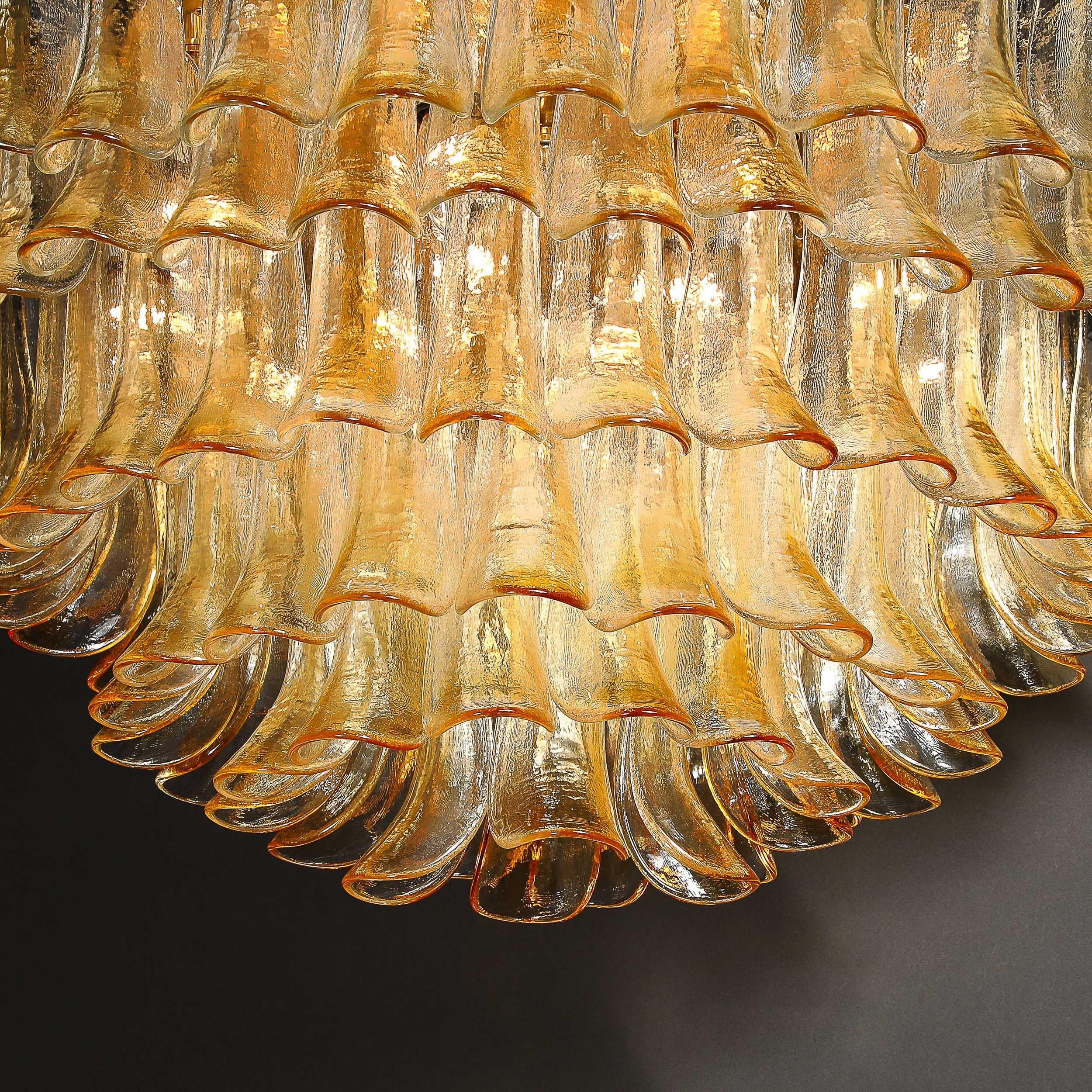 Italian Mid-Century Hand-Blown Amber Murano Glass & Brass Feather Chandelier by Mazzega For Sale