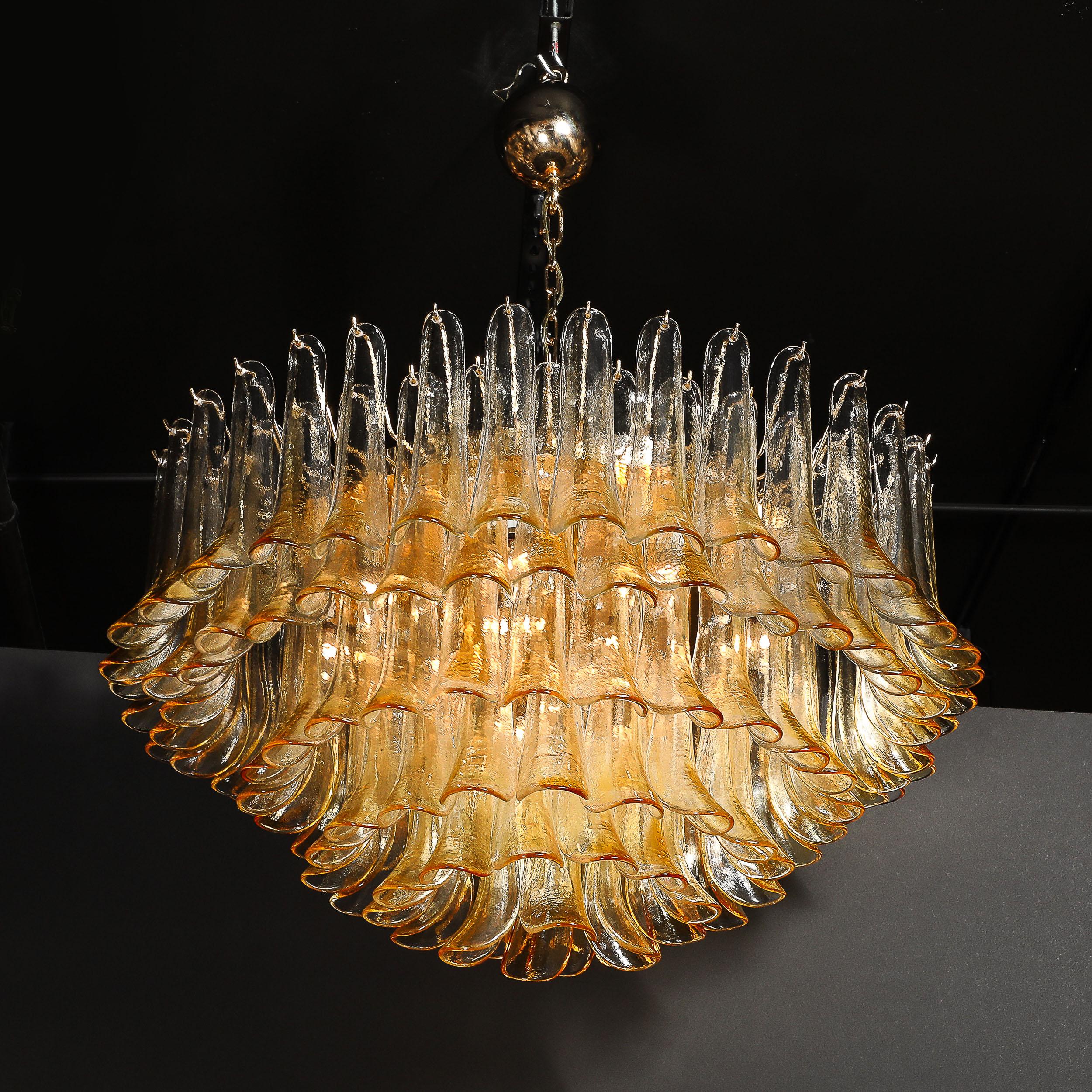 Late 20th Century Mid-Century Hand-Blown Amber Murano Glass & Brass Feather Chandelier by Mazzega For Sale