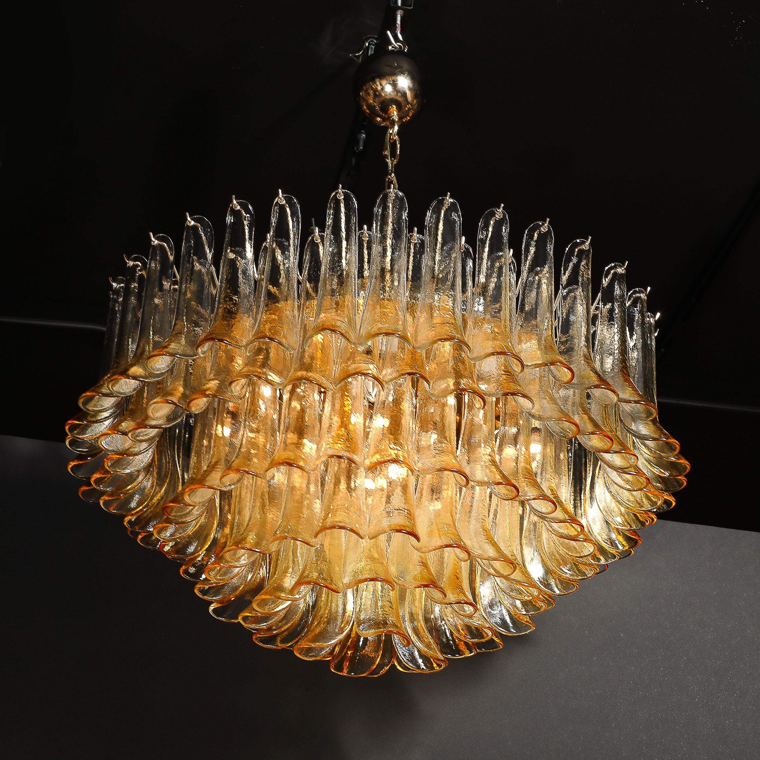 Mid-Century Hand-Blown Amber Murano Glass & Brass Feather Chandelier by Mazzega For Sale 1