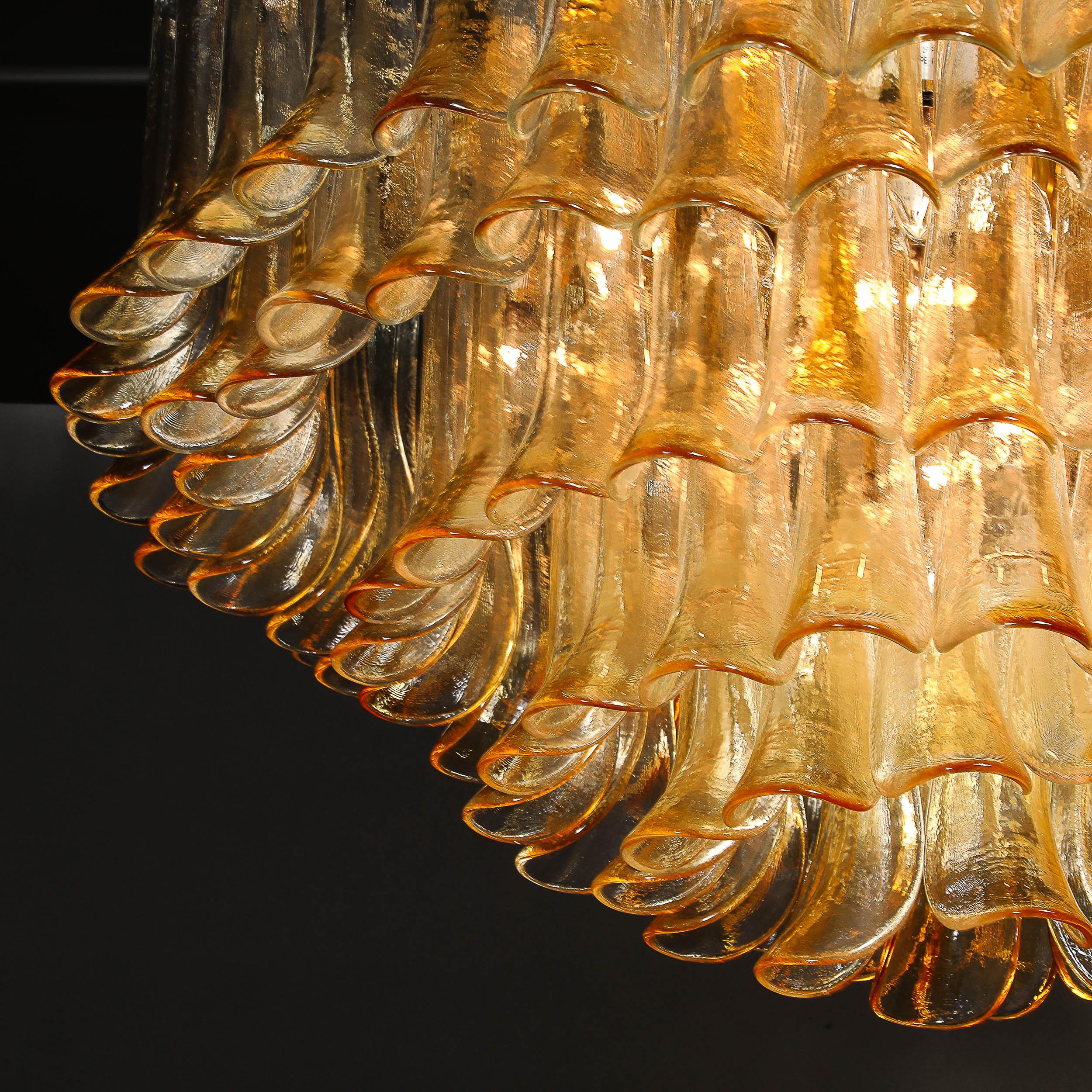 Mid-Century Hand-Blown Amber Murano Glass & Brass Feather Chandelier by Mazzega For Sale 2