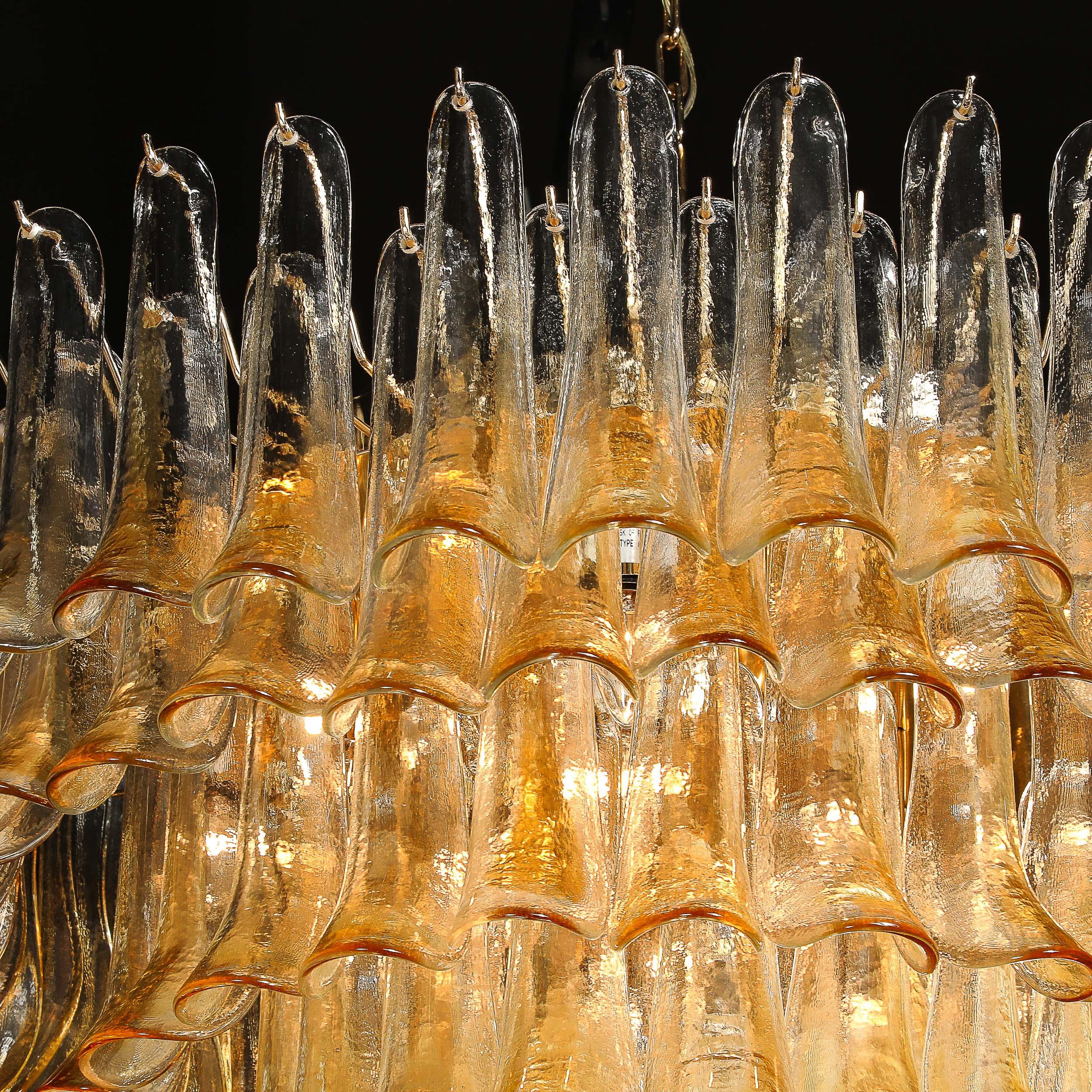 Mid-Century Hand-Blown Amber Murano Glass & Brass Feather Chandelier by Mazzega For Sale 3