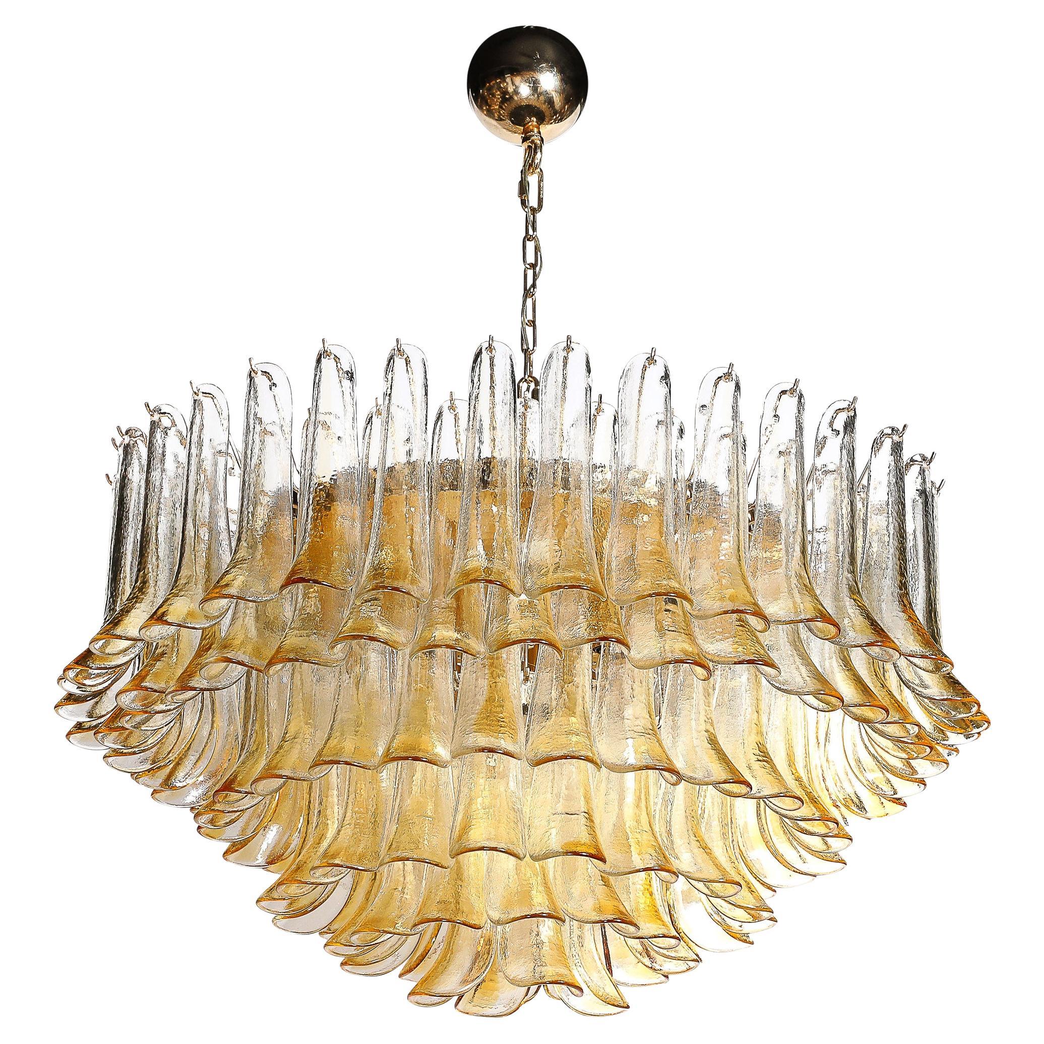 Mid-Century Hand-Blown Amber Murano Glass & Brass Feather Chandelier by Mazzega For Sale