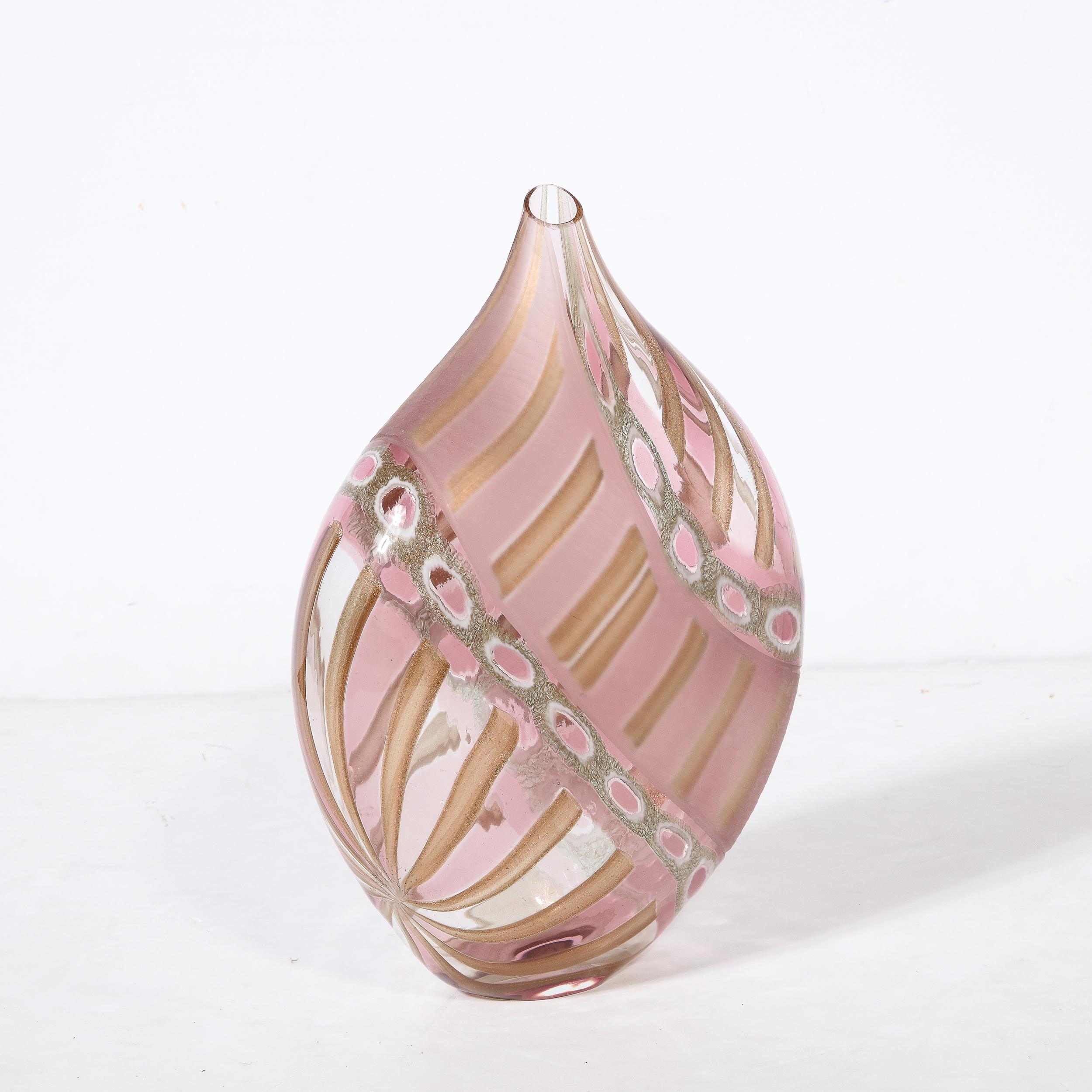 Italian Mid-Century Hand-Blown Amethyst Murano Glass Vase w/ 24K Rose Gold Striations For Sale