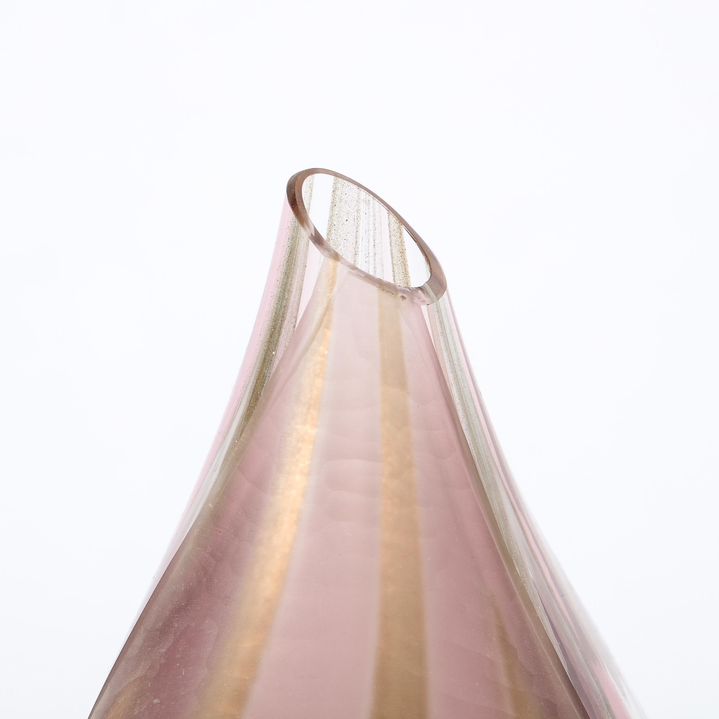 Late 20th Century Mid-Century Hand-Blown Amethyst Murano Glass Vase w/ 24K Rose Gold Striations For Sale