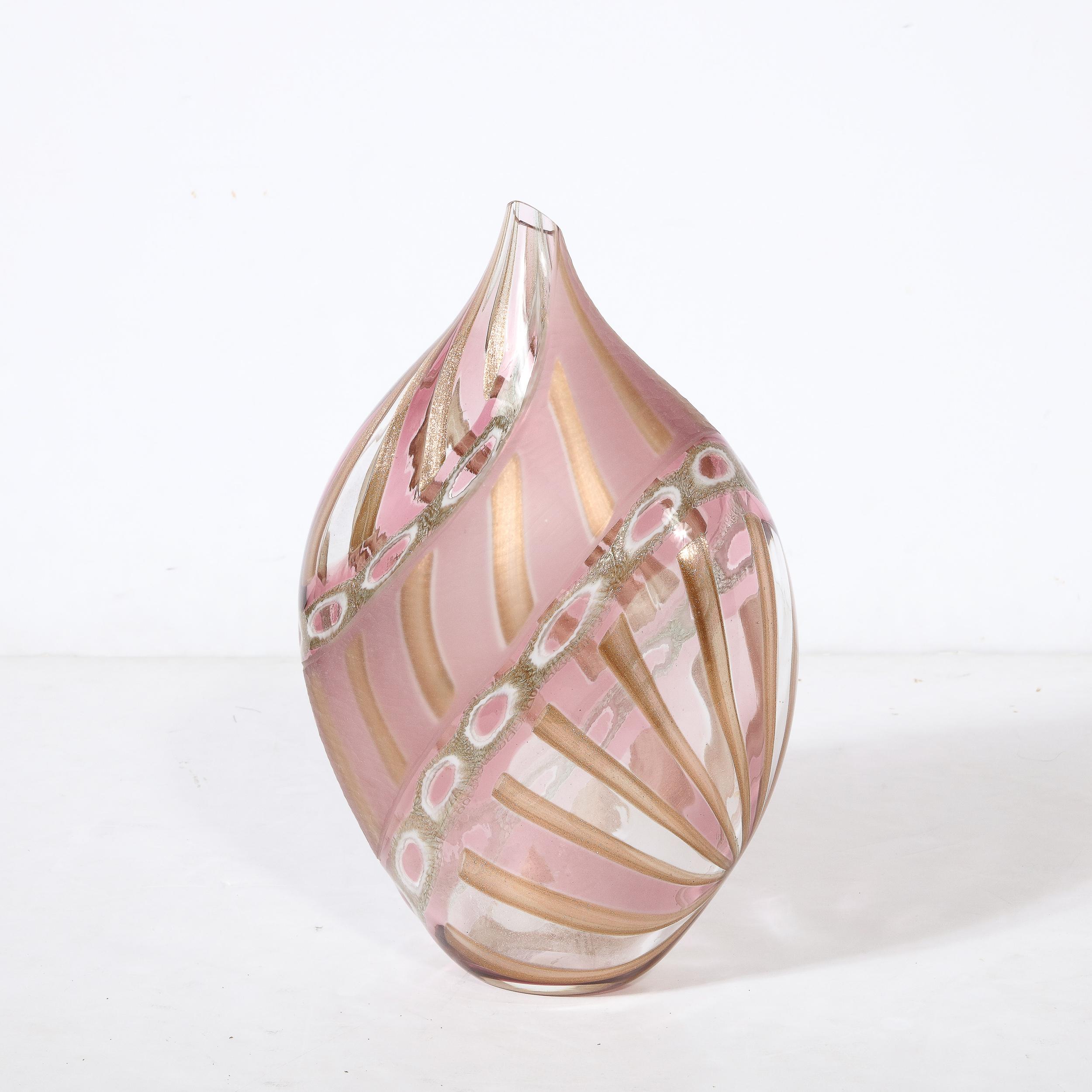 Mid-Century Hand-Blown Amethyst Murano Glass Vase w/ 24K Rose Gold Striations For Sale 1