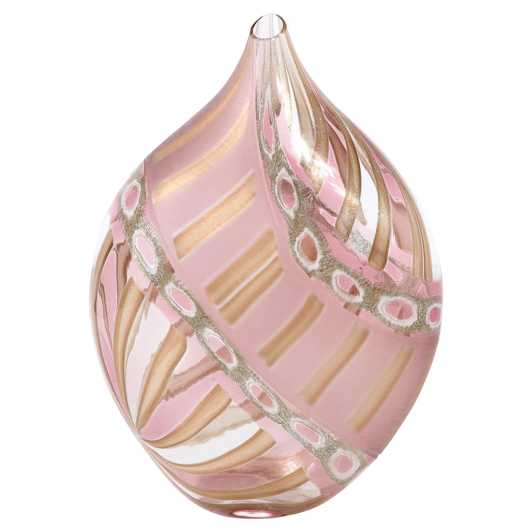 Mid-Century Hand-Blown Amethyst Murano Glass Vase w/ 24K Rose Gold Striations For Sale