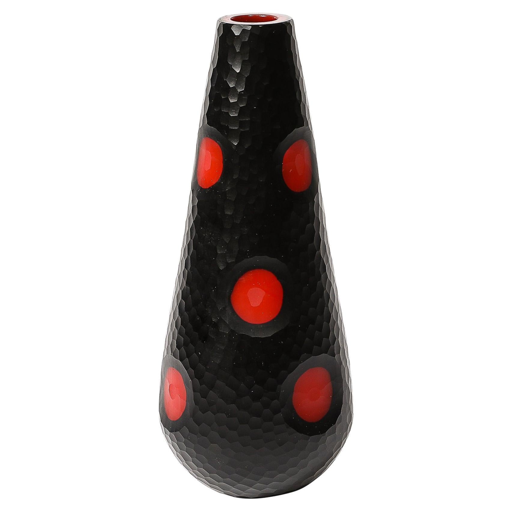 Mid-Century Hand-Blown Black W/ Vermillion Detailing Murano Battuto Glass Vase