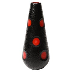 Vintage Mid-Century Hand-Blown Black W/ Vermillion Detailing Murano Battuto Glass Vase
