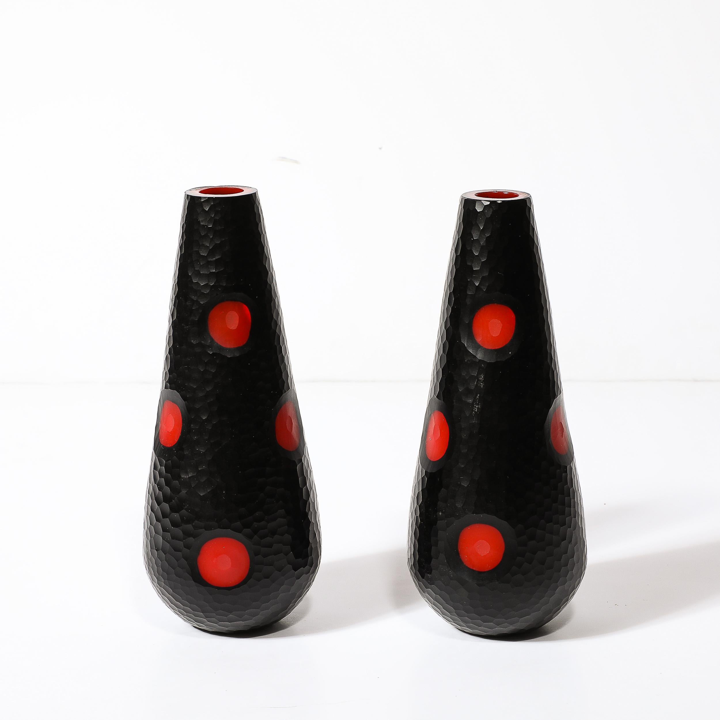 Mid-Century Hand-Blown Black W/ Vermillion Detailing Murano Battuto Glass Vases For Sale 3