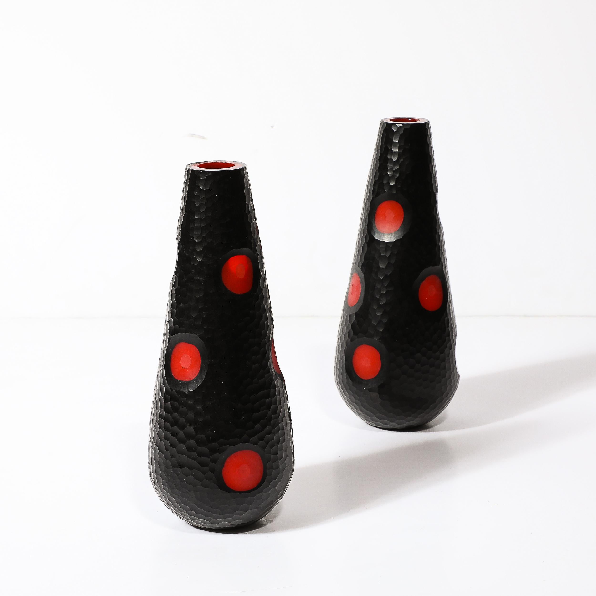 Mid-Century Hand-Blown Black W/ Vermillion Detailing Murano Battuto Glass Vases For Sale 4