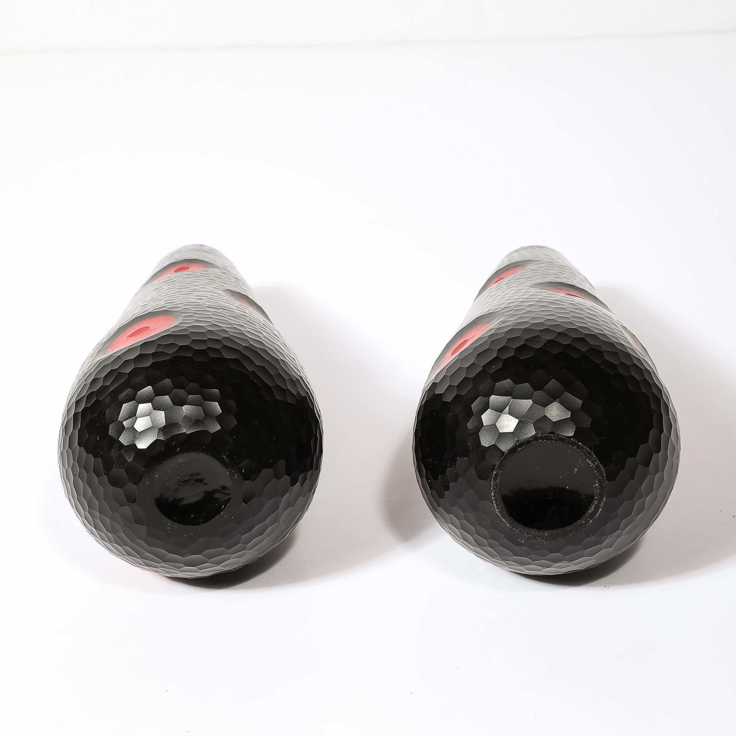 Mid-Century Hand-Blown Black W/ Vermillion Detailing Murano Battuto Glass Vases For Sale 5