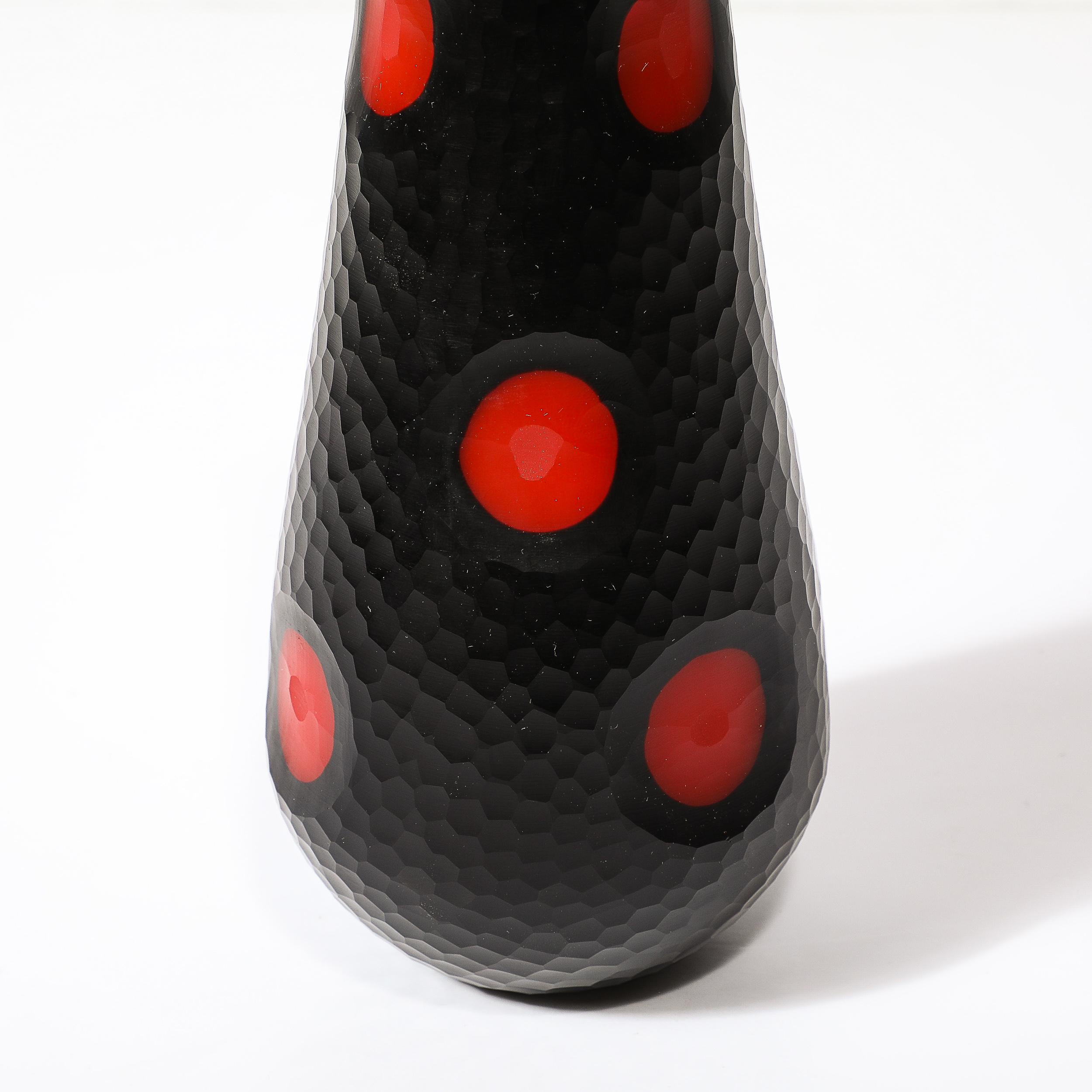Mid-Century Hand-Blown Black W/ Vermillion Detailing Murano Battuto Glass Vases For Sale 6