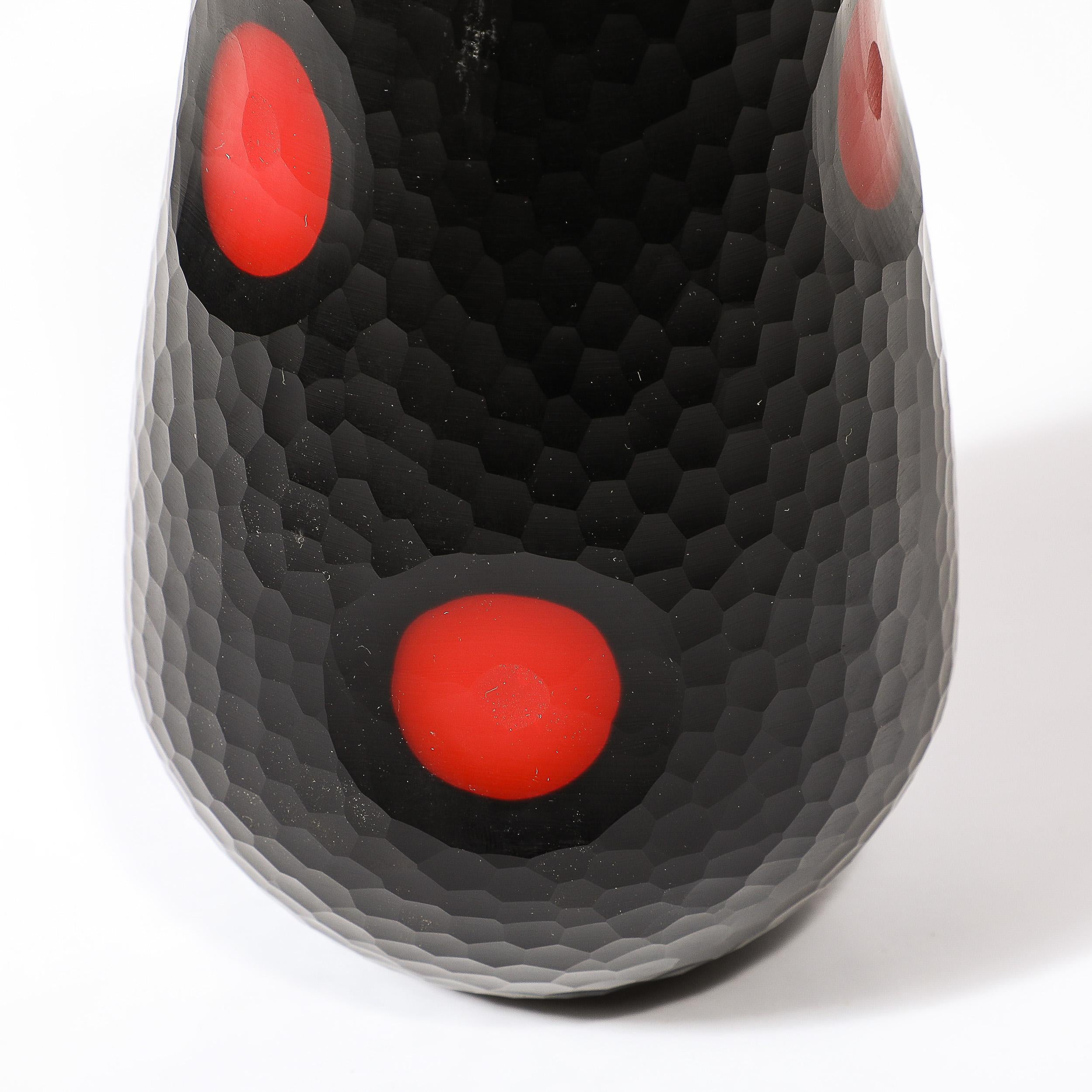 Mid-Century Hand-Blown Black W/ Vermillion Detailing Murano Battuto Glass Vases For Sale 7