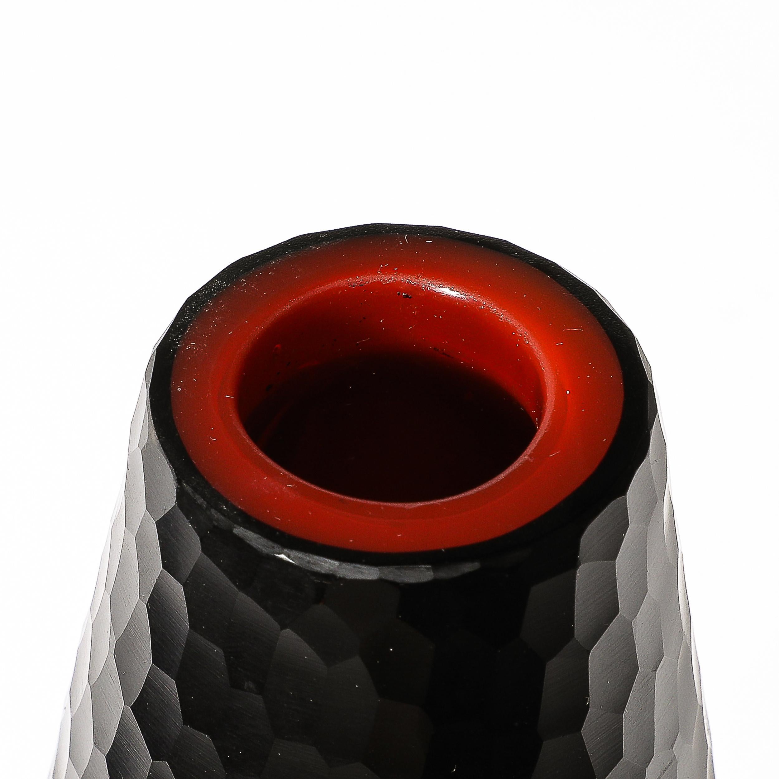 Mid-Century Hand-Blown Black W/ Vermillion Detailing Murano Battuto Glass Vases For Sale 9