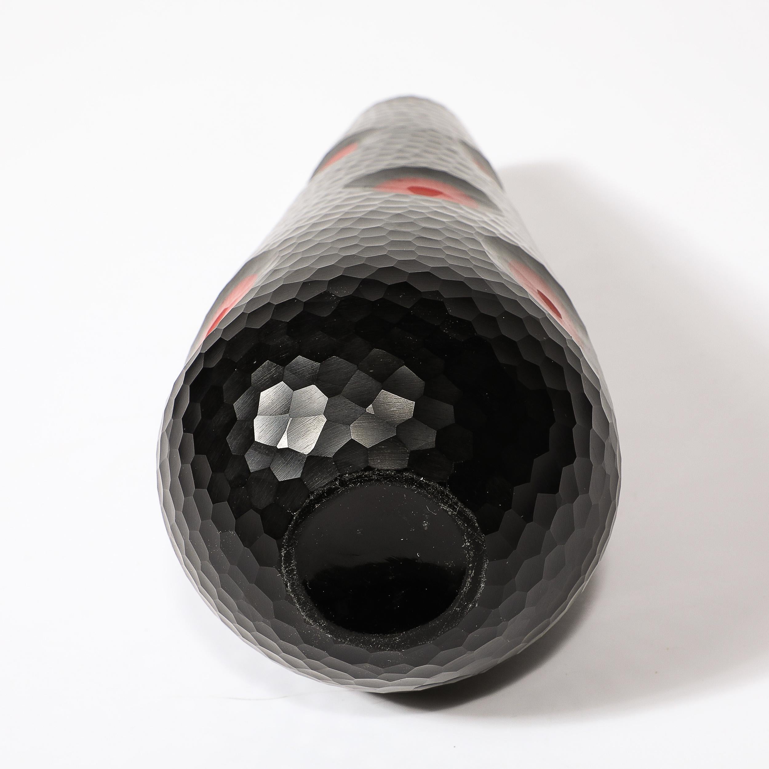 Mid-Century Hand-Blown Black W/ Vermillion Detailing Murano Battuto Glass Vases For Sale 10