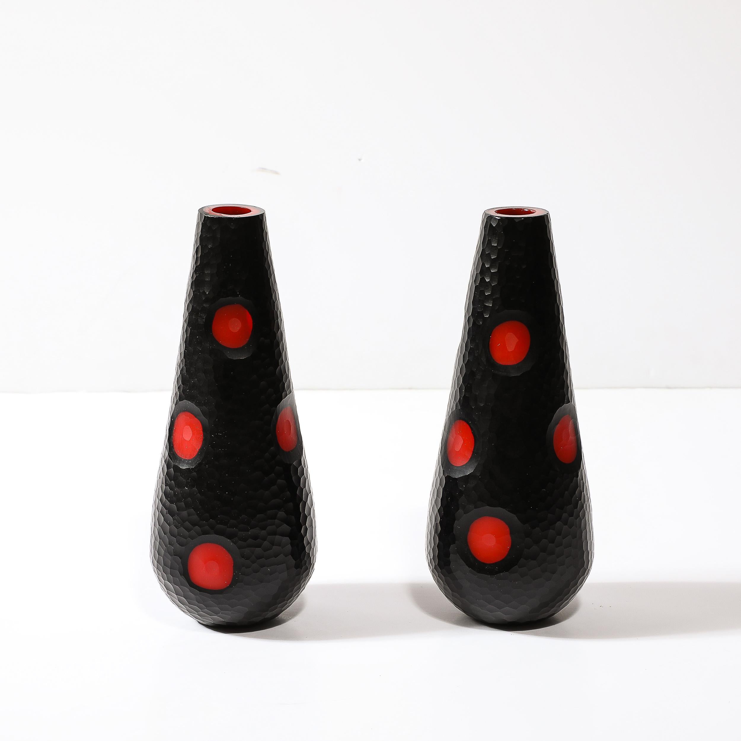 Mid-Century Modern Mid-Century Hand-Blown Black W/ Vermillion Detailing Murano Battuto Glass Vases For Sale