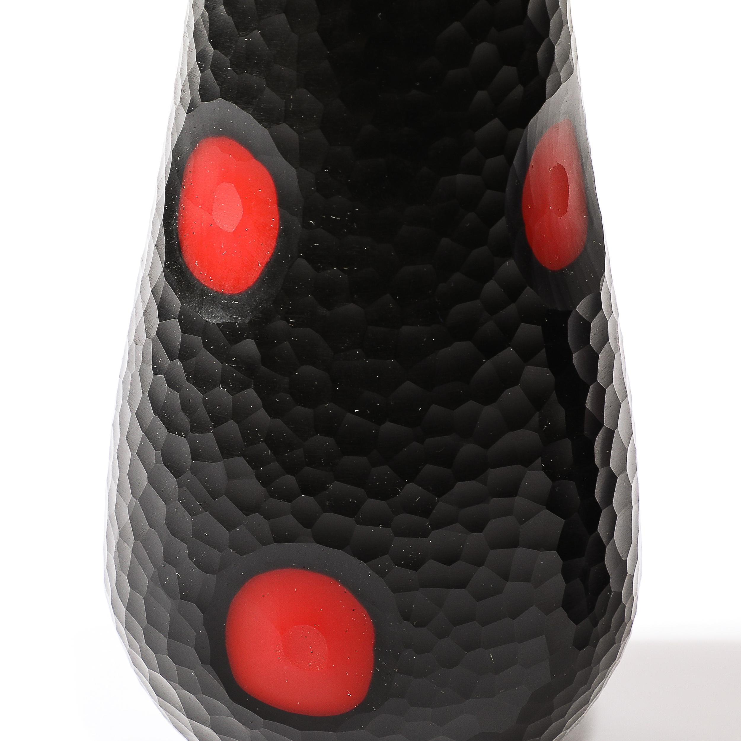 Italian Mid-Century Hand-Blown Black W/ Vermillion Detailing Murano Battuto Glass Vases For Sale