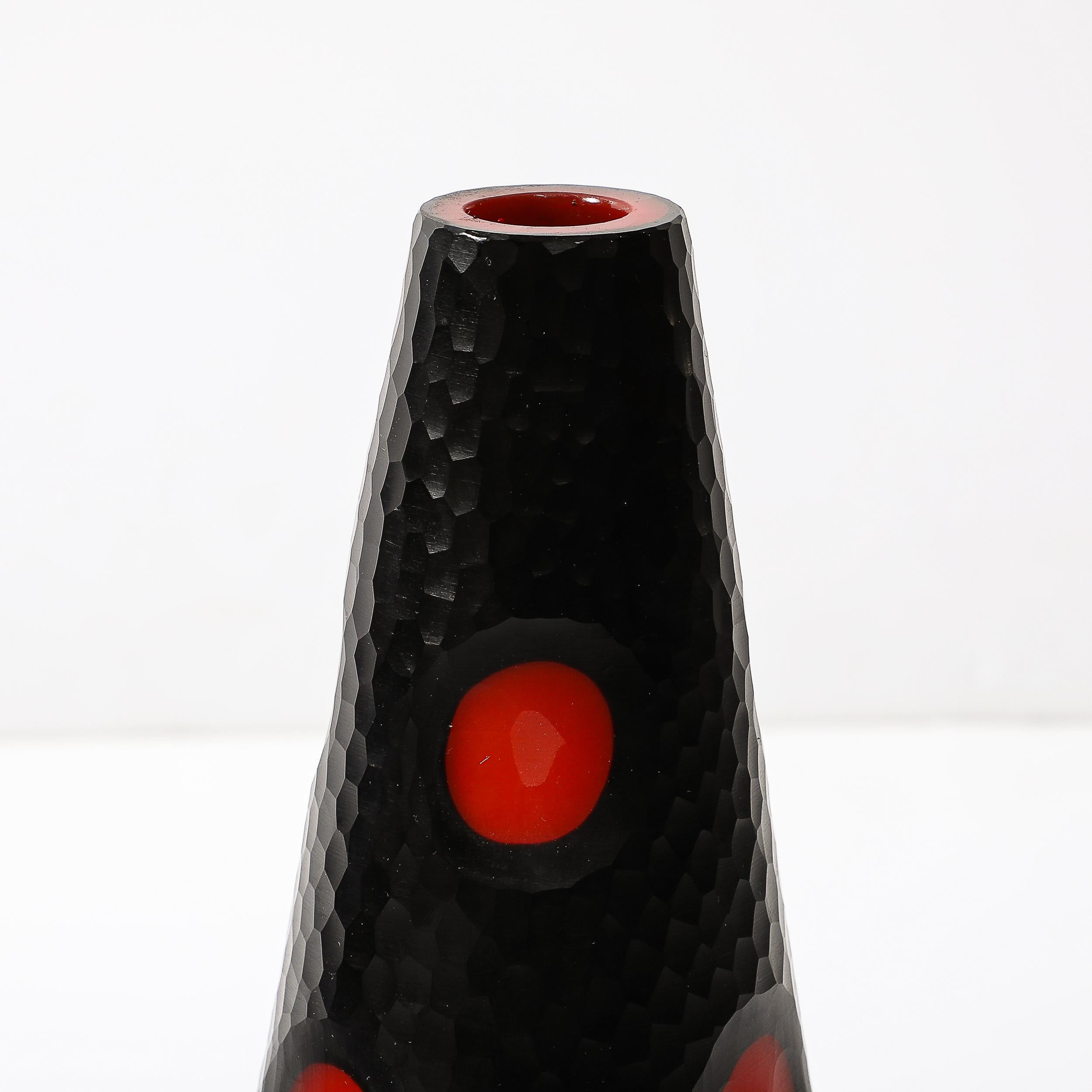 Mid-Century Hand-Blown Black W/ Vermillion Detailing Murano Battuto Glass Vases In Excellent Condition For Sale In New York, NY