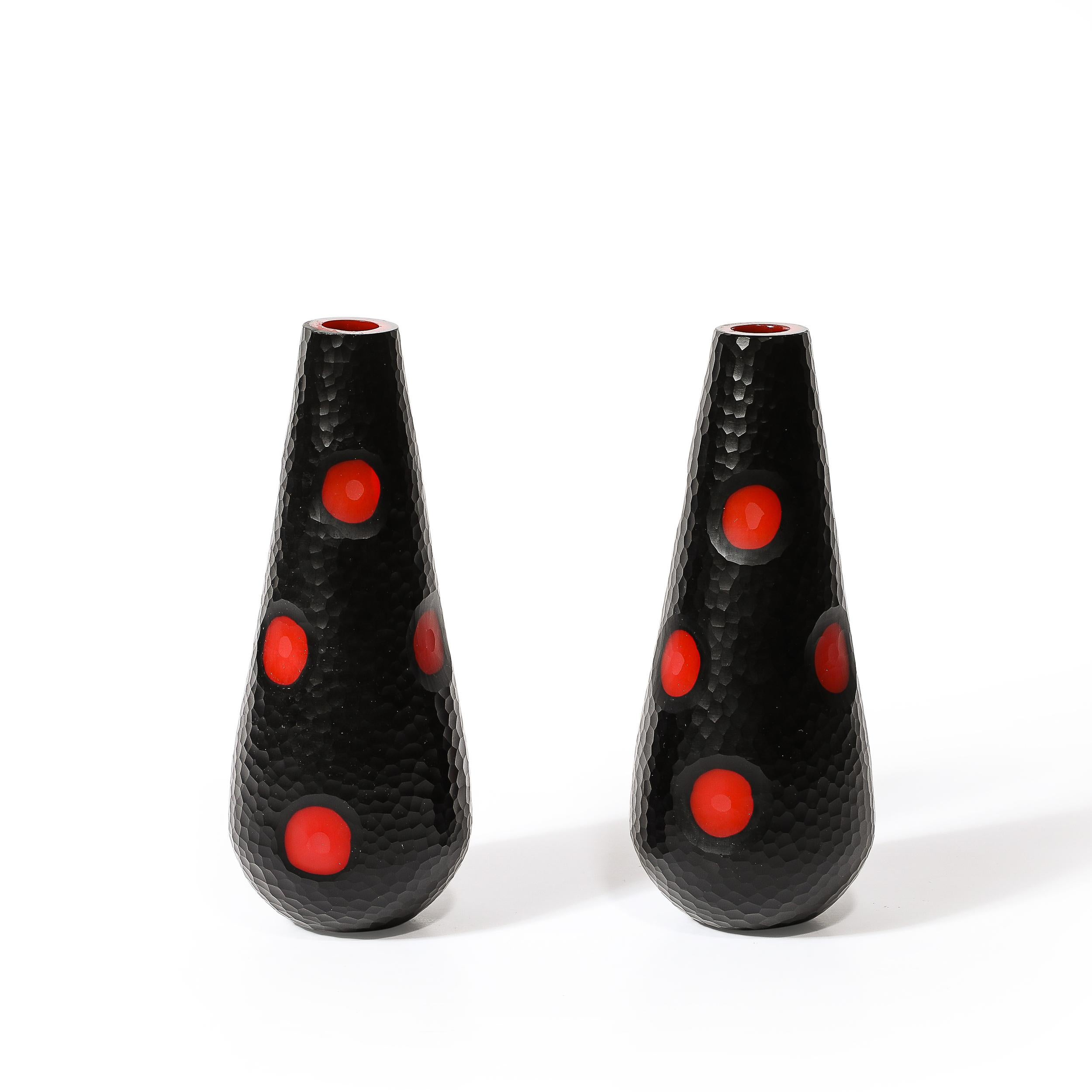 Murano Glass Mid-Century Hand-Blown Black W/ Vermillion Detailing Murano Battuto Glass Vases For Sale