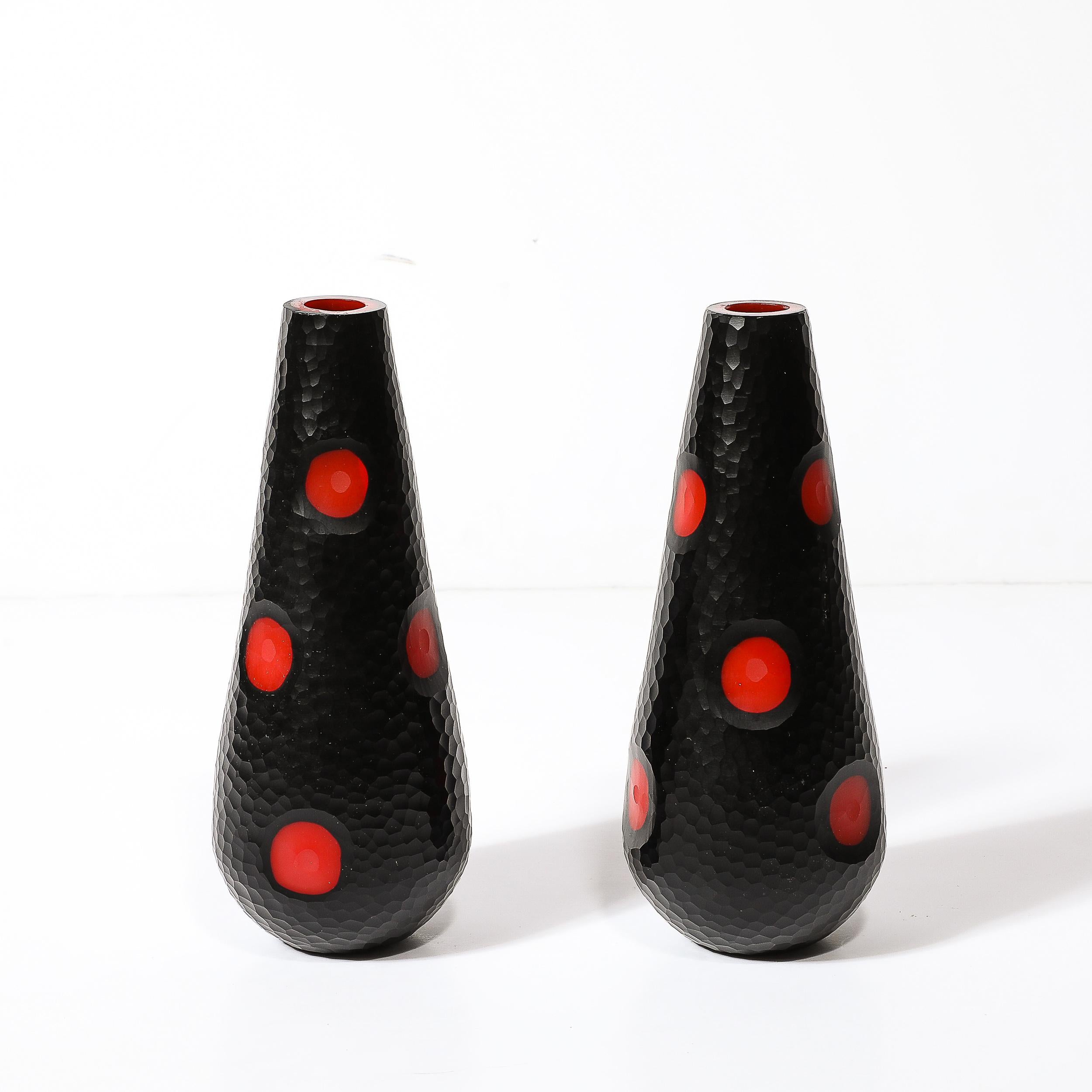 Mid-Century Hand-Blown Black W/ Vermillion Detailing Murano Battuto Glass Vases For Sale 1