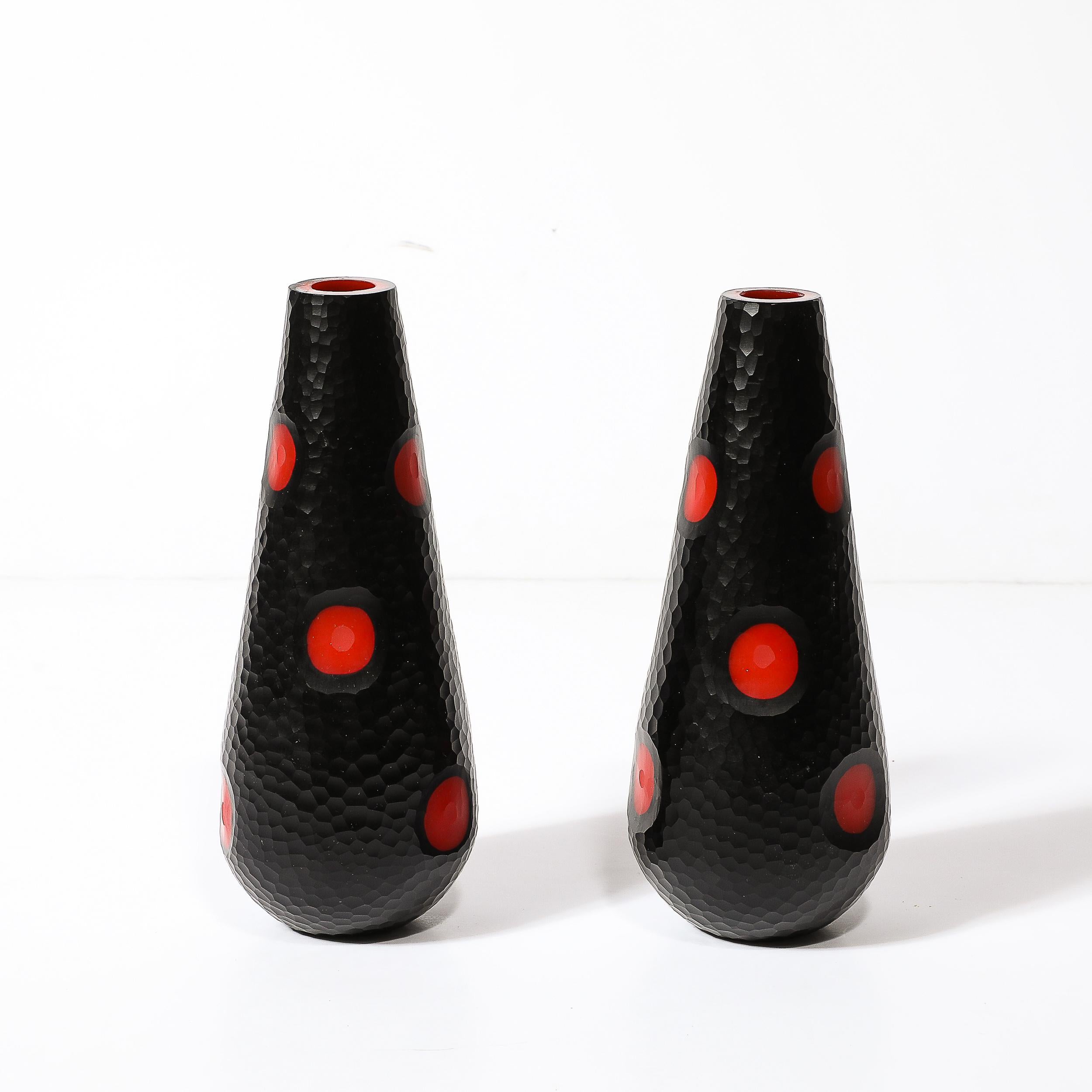 Mid-Century Hand-Blown Black W/ Vermillion Detailing Murano Battuto Glass Vases For Sale 2