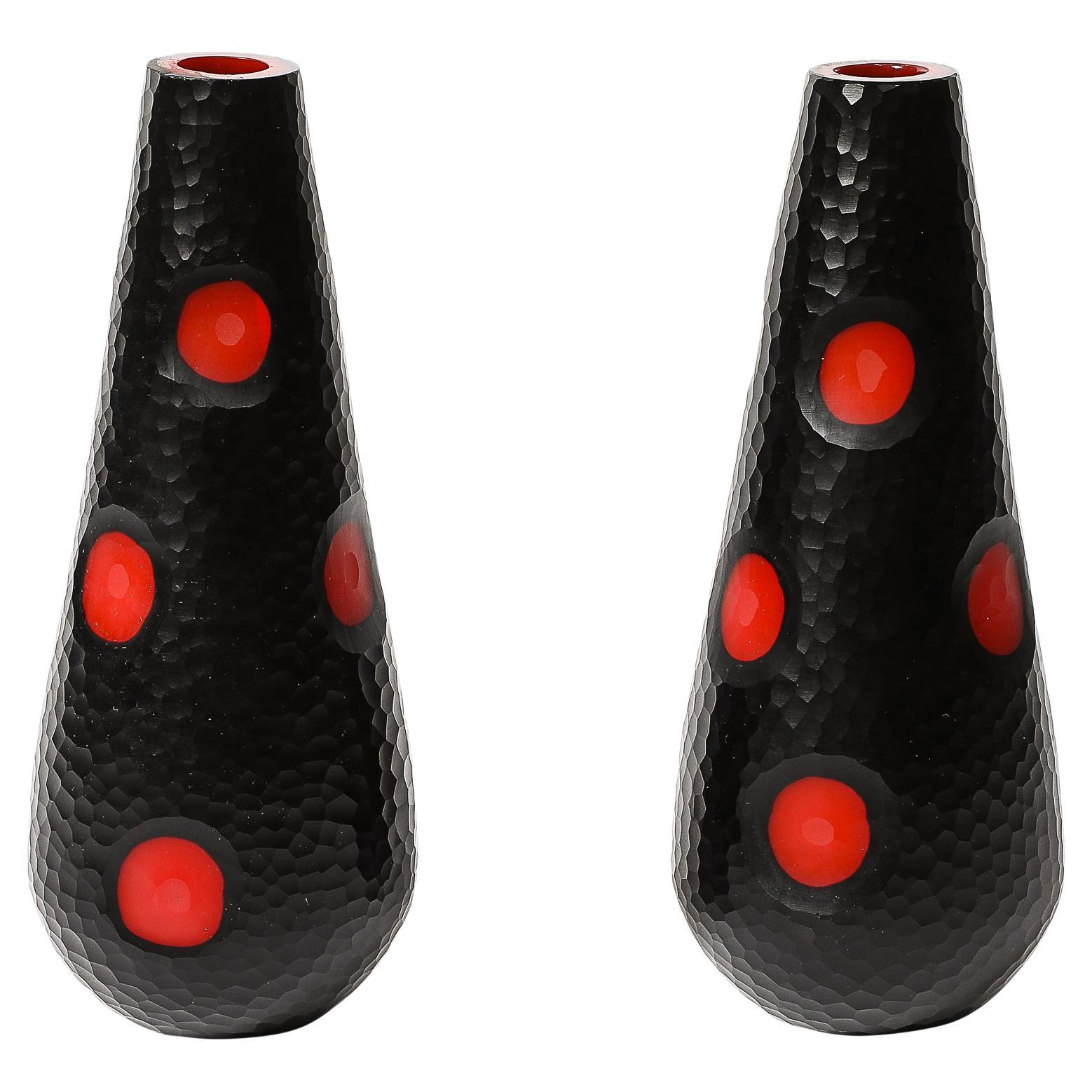 Mid-Century Hand-Blown Black W/ Vermillion Detailing Murano Battuto Glass Vases For Sale