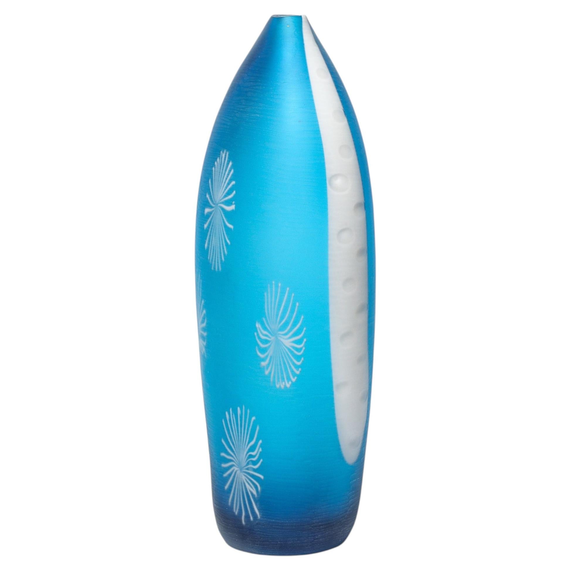 Mid-Century Hand-Blown Cerulean Blue Murano Glass Vase w/ Battuto Texturing