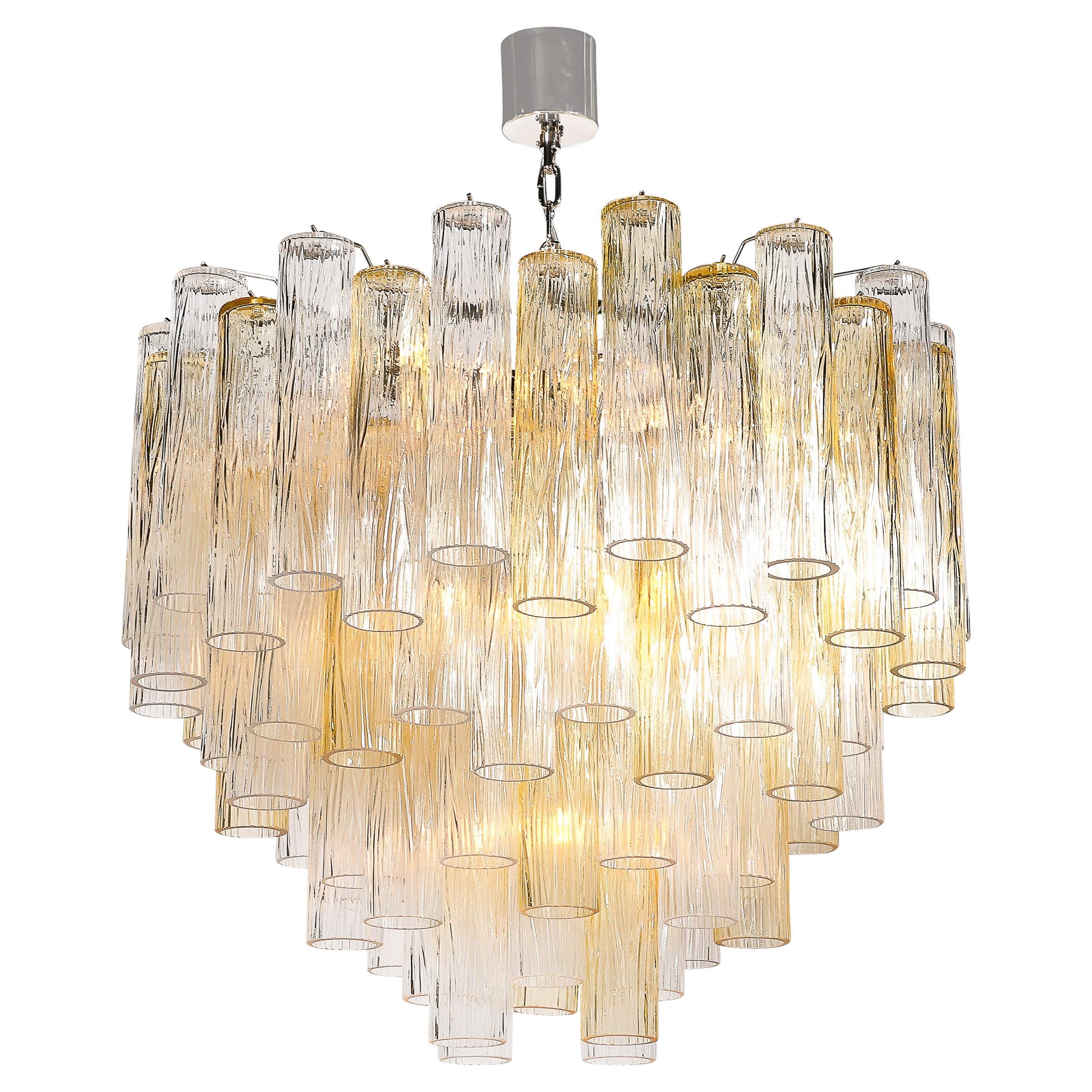 Modernist Hand-Blown Citrine & Transparent Murano Glass Four Tier Chandelier