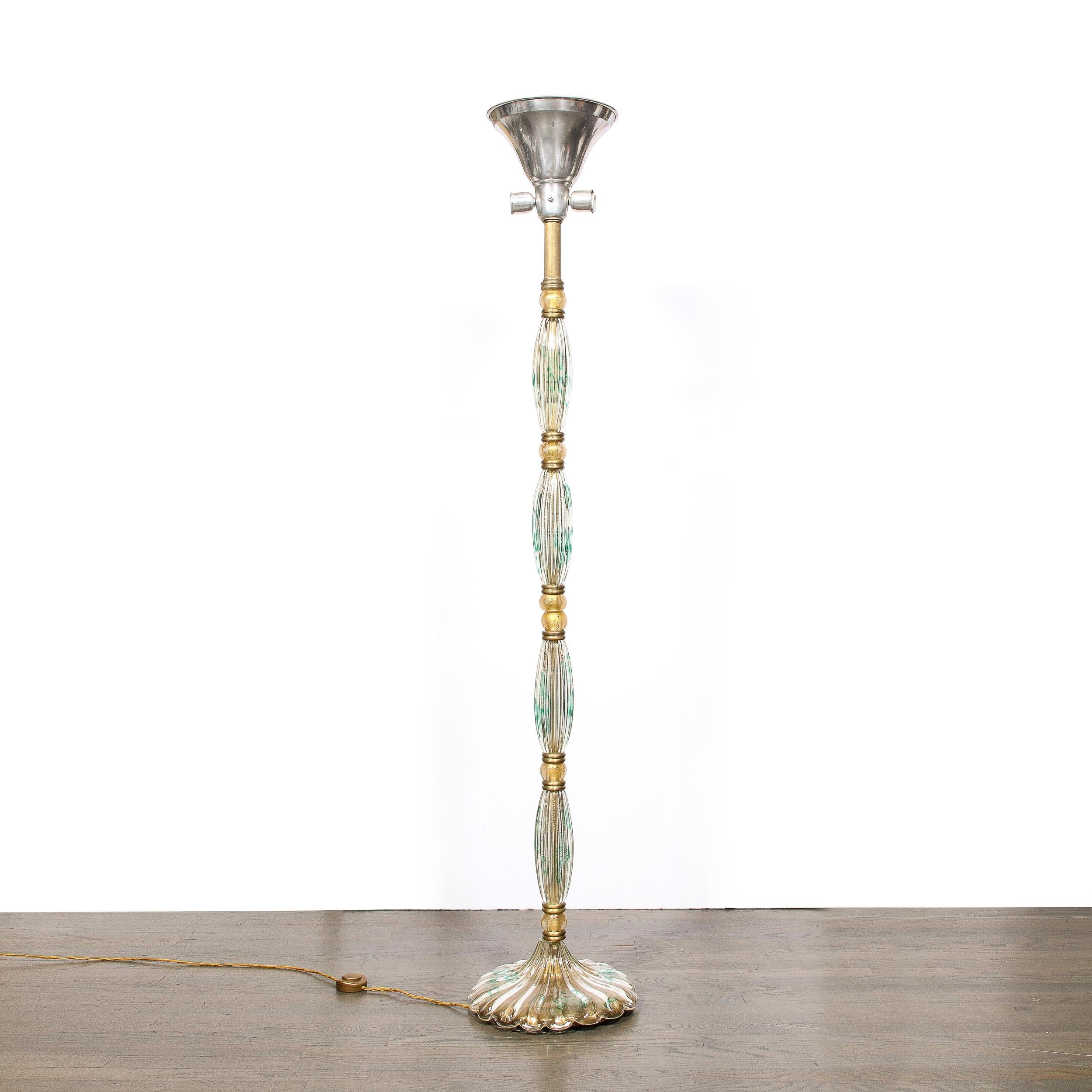 Gold Mid-Century Hand-Blown Clear & Viridian Green Murano Floor Lamp, Barovier & Toso For Sale
