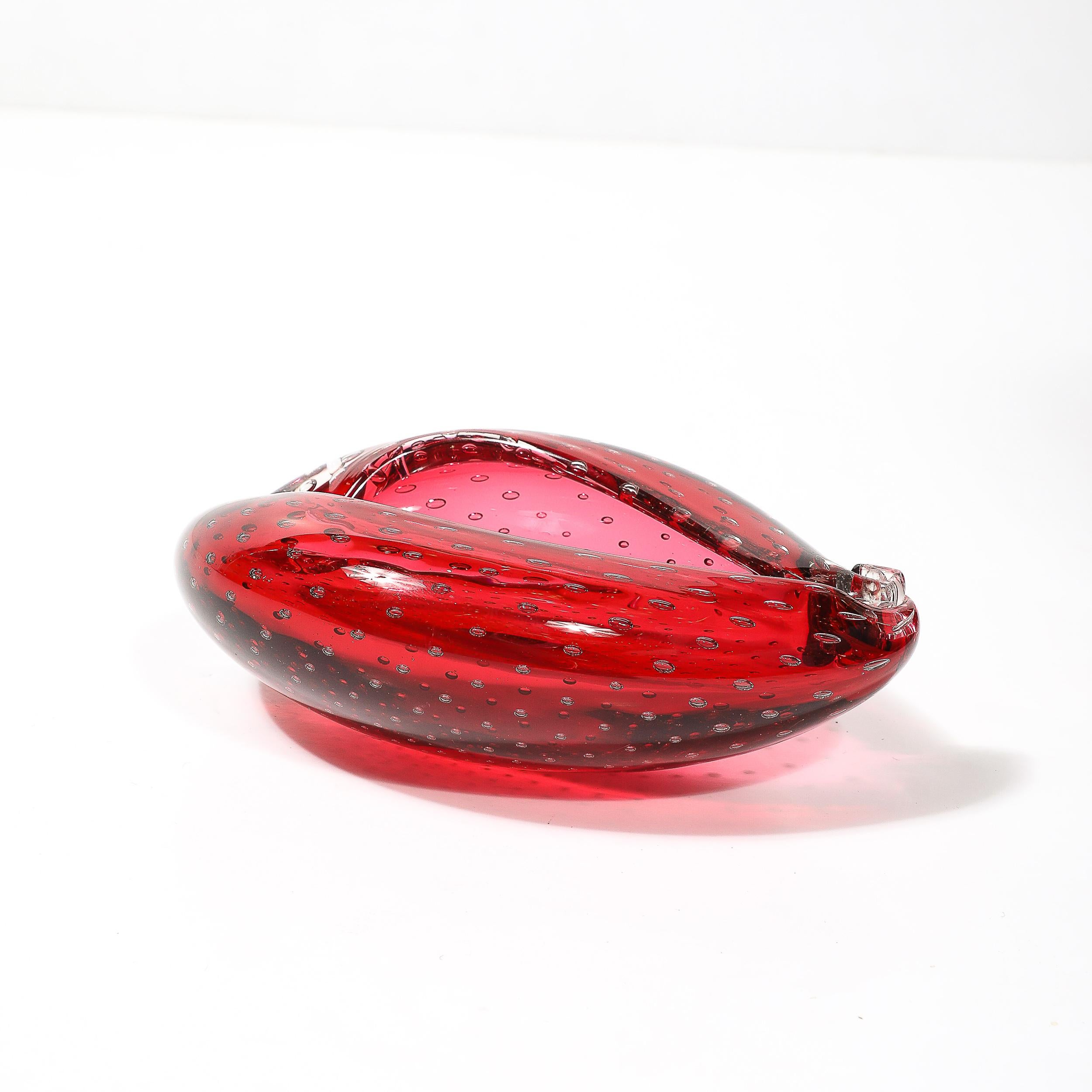 Mid-Century Hand-Blown Crimson Murano Glass Drop Form Bowl W/ Bullicante Detail For Sale 4