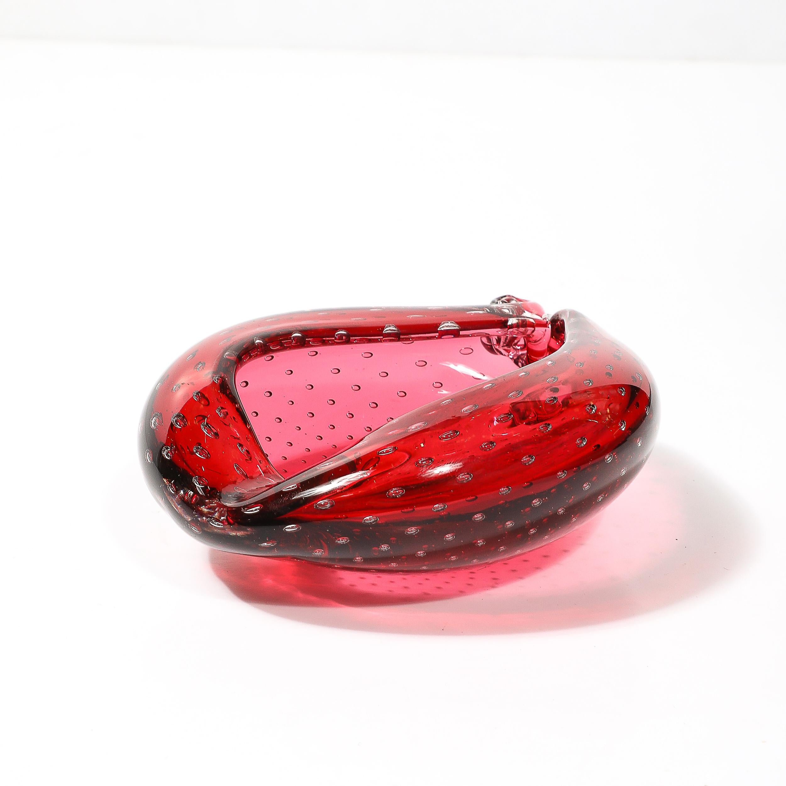 Mid-Century Hand-Blown Crimson Murano Glass Drop Form Bowl W/ Bullicante Detail For Sale 5