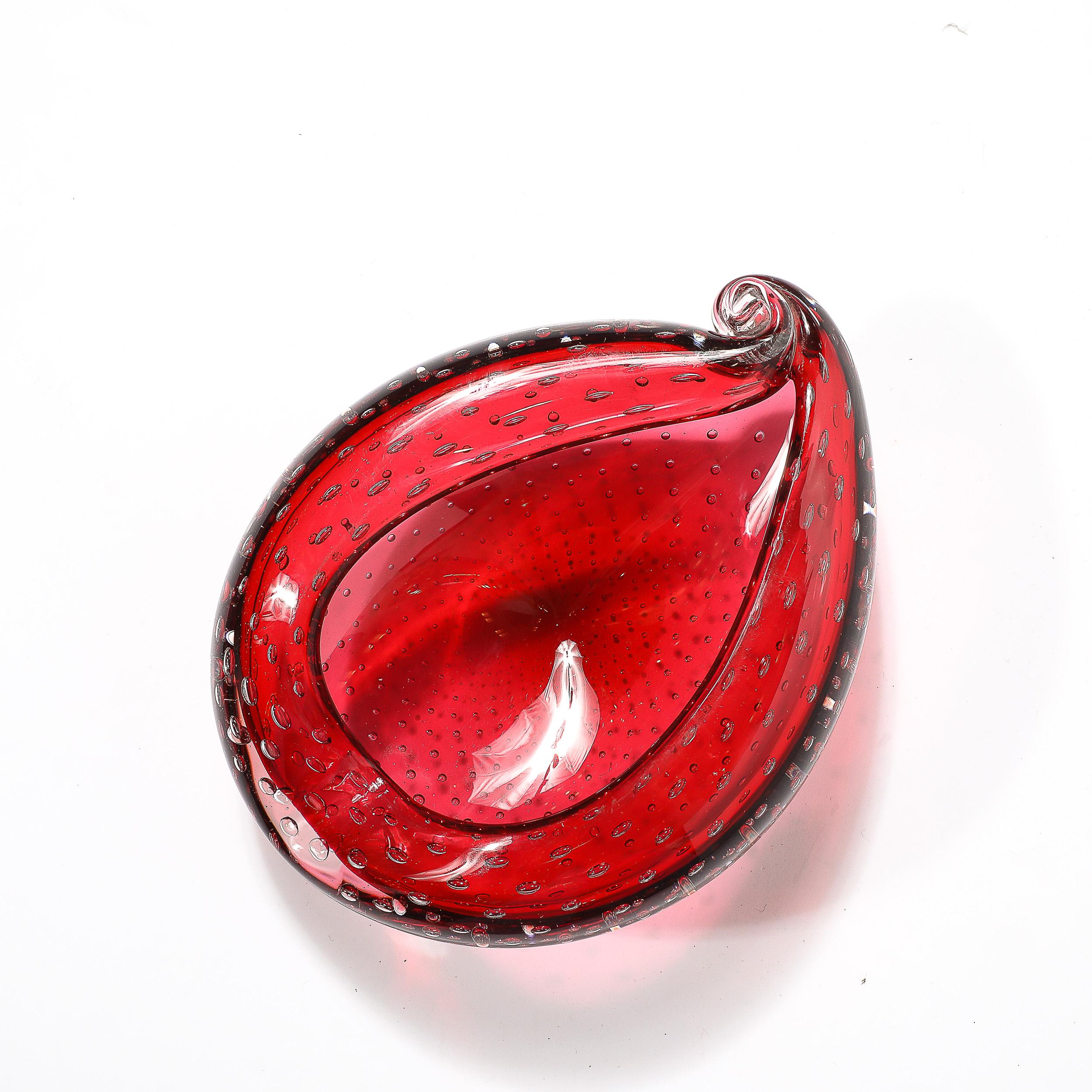 Mid-Century Hand-Blown Crimson Murano Glass Drop Form Bowl W/ Bullicante Detail For Sale 6