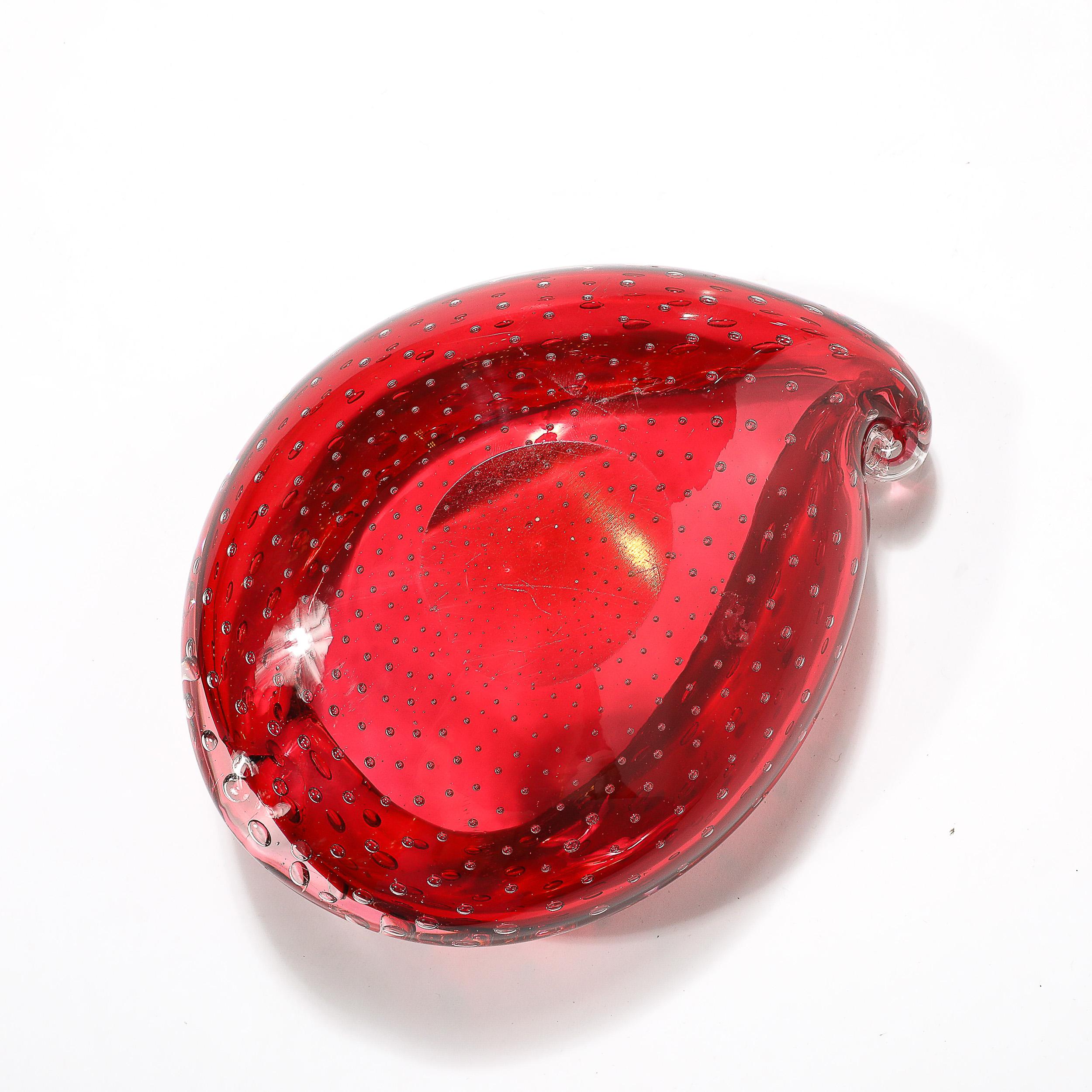 Mid-Century Hand-Blown Crimson Murano Glass Drop Form Bowl W/ Bullicante Detail For Sale 7