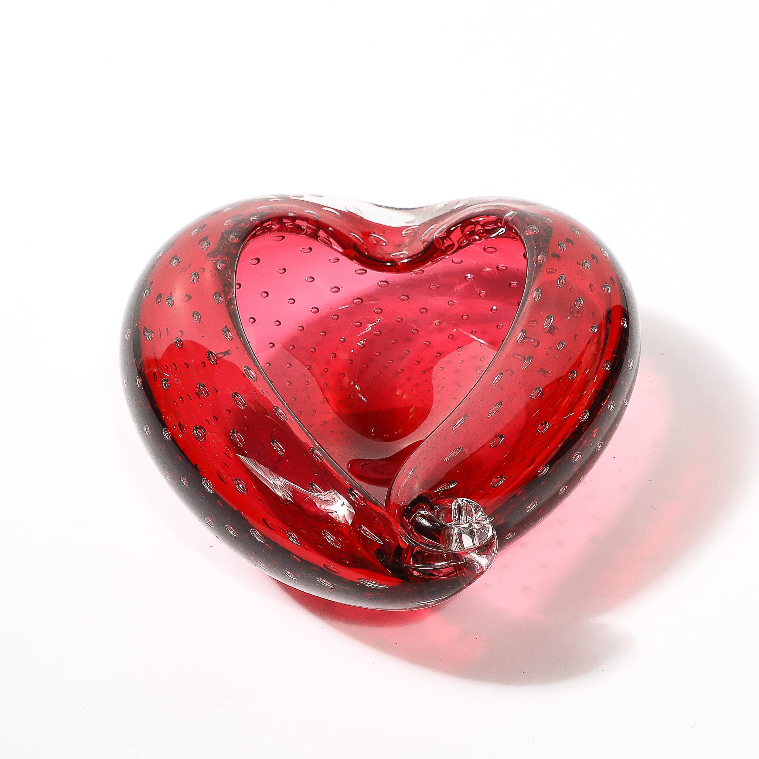 Mid-Century Modern Mid-Century Hand-Blown Crimson Murano Glass Drop Form Bowl W/ Bullicante Detail For Sale