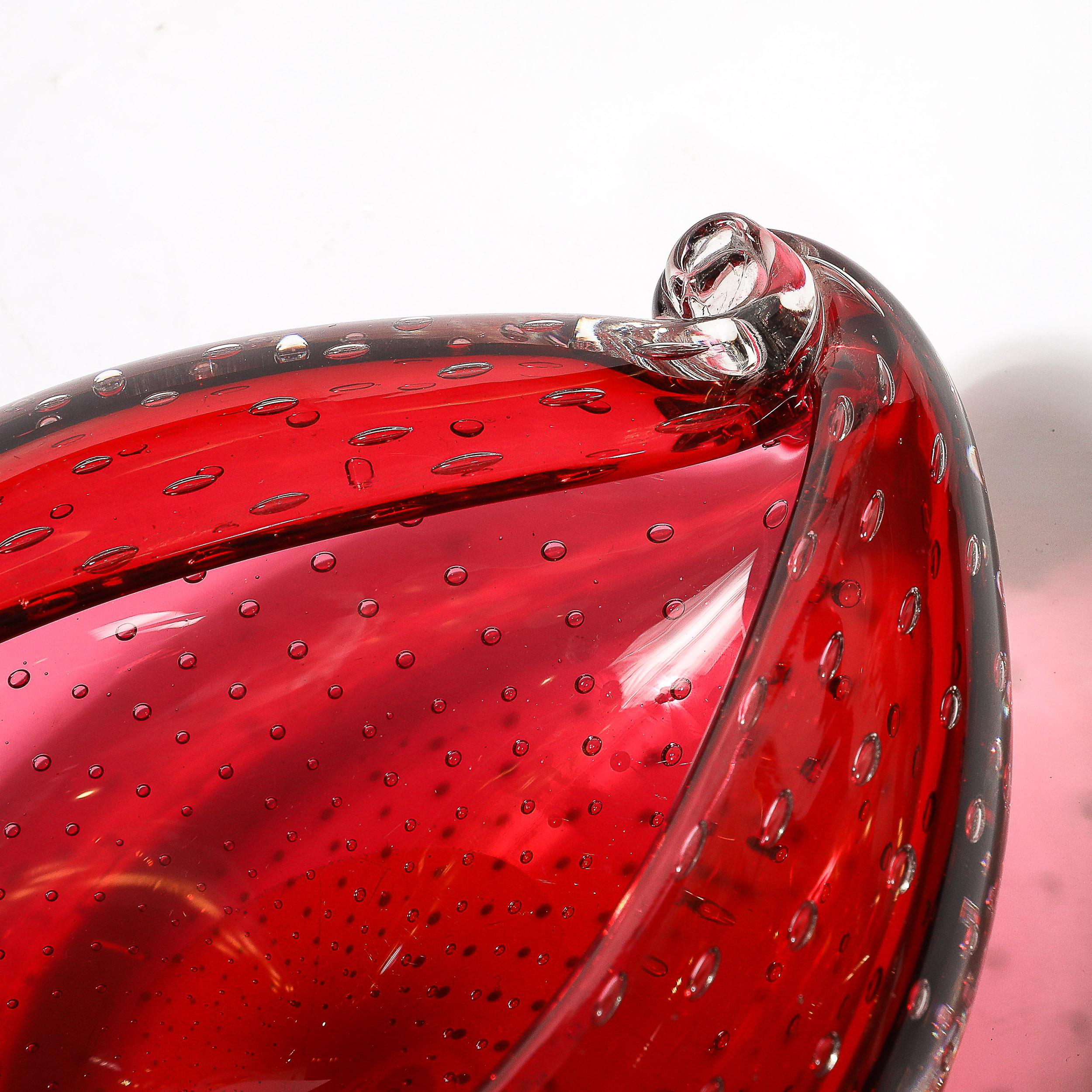 Italian Mid-Century Hand-Blown Crimson Murano Glass Drop Form Bowl W/ Bullicante Detail For Sale